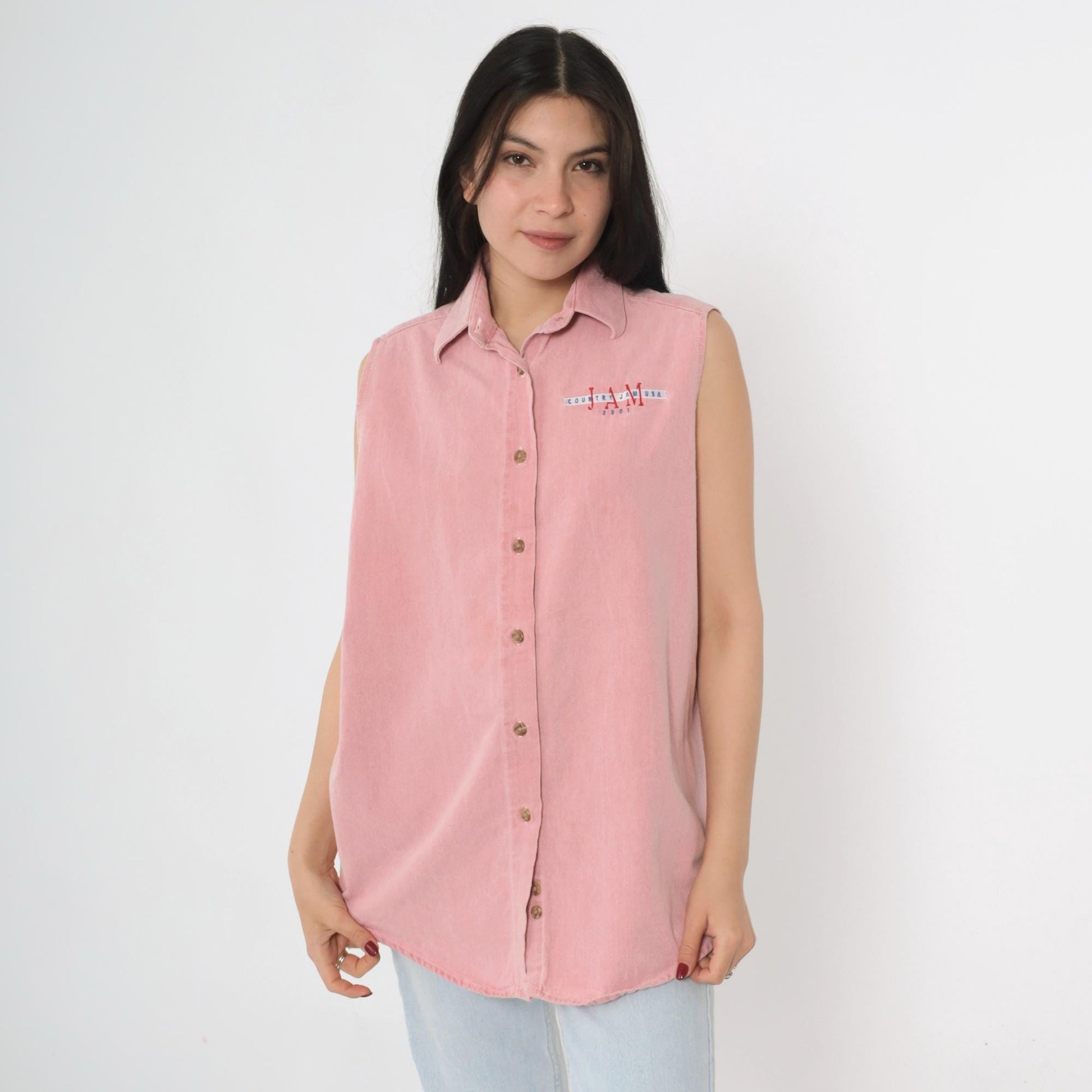 Y2K Country Jam USA 2001 Pink Denim Sleeveless Shirt Embroidered Western Large L