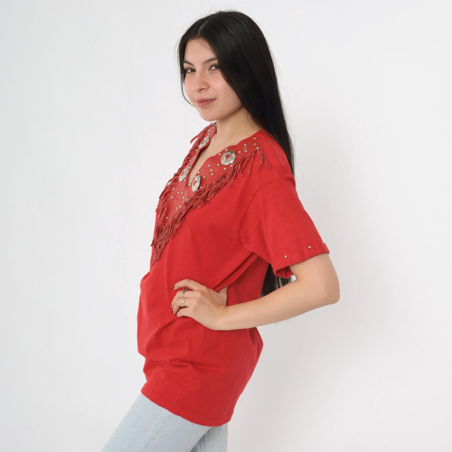 90s Pierre Pascal Red Leather Fringe Western T-Shirt Concho Stud V-Neck Medium