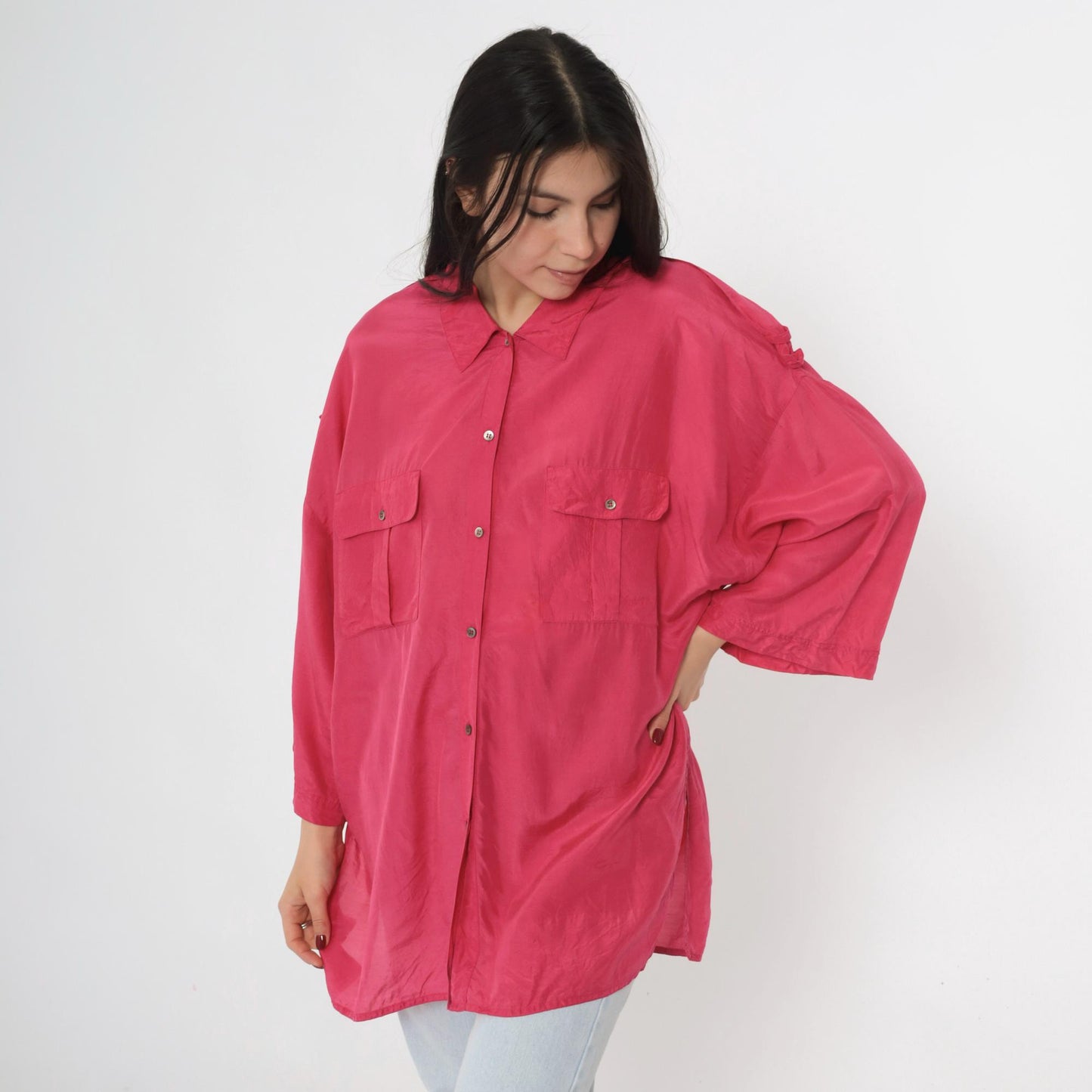 90s Pink Silk Button-Up Blouse Epaulet Chest Pockets Long Sleeve Large 14