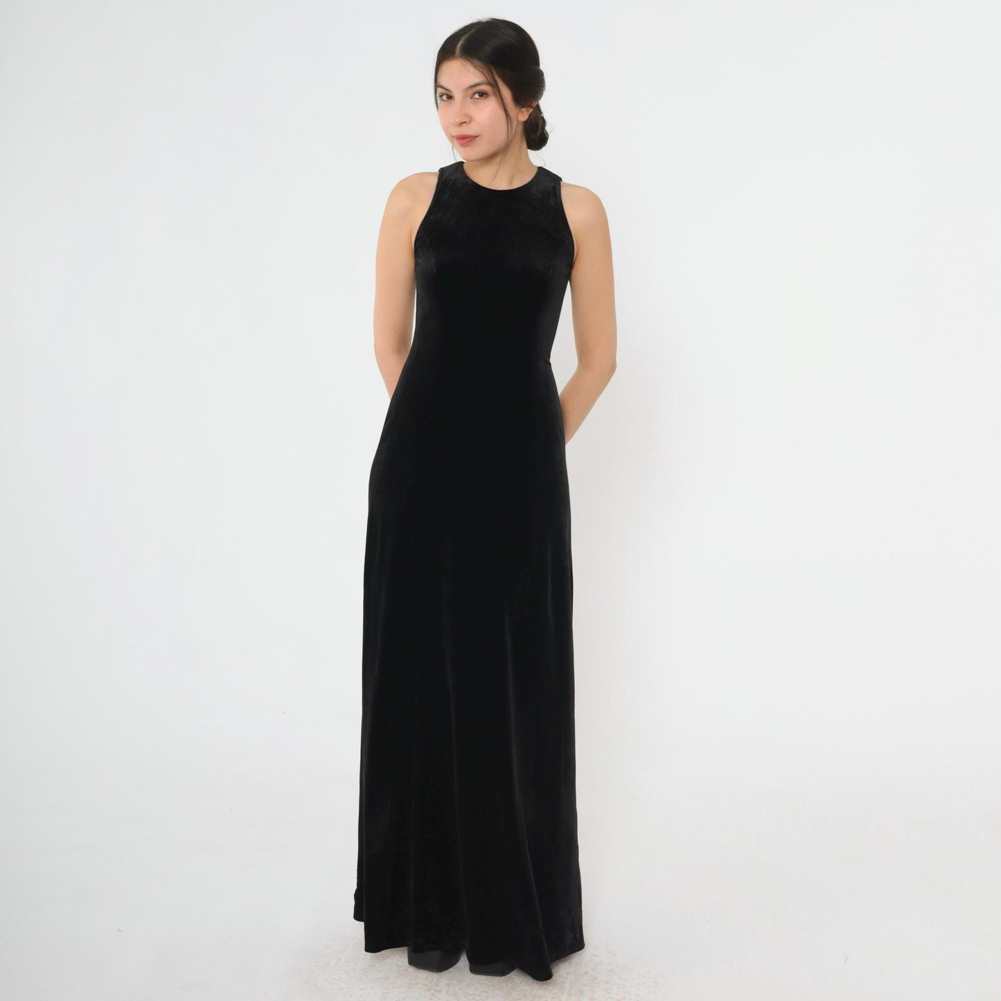 90s Papell Boutique Black Velvet Maxi Gown Rhinestone Back Sleeveless Small 4