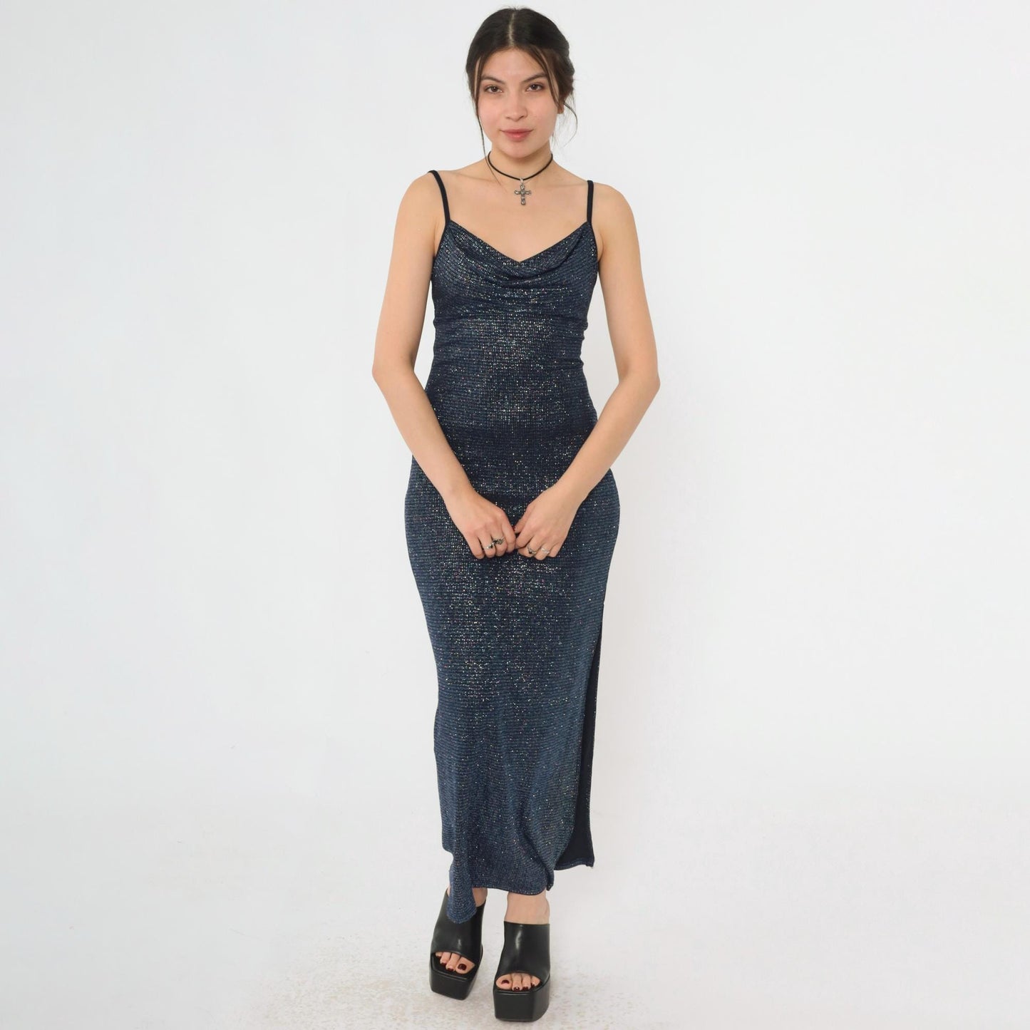 00s Metallic Blue Maxi Dress Cowl Neck Bodycon High Slit Small
