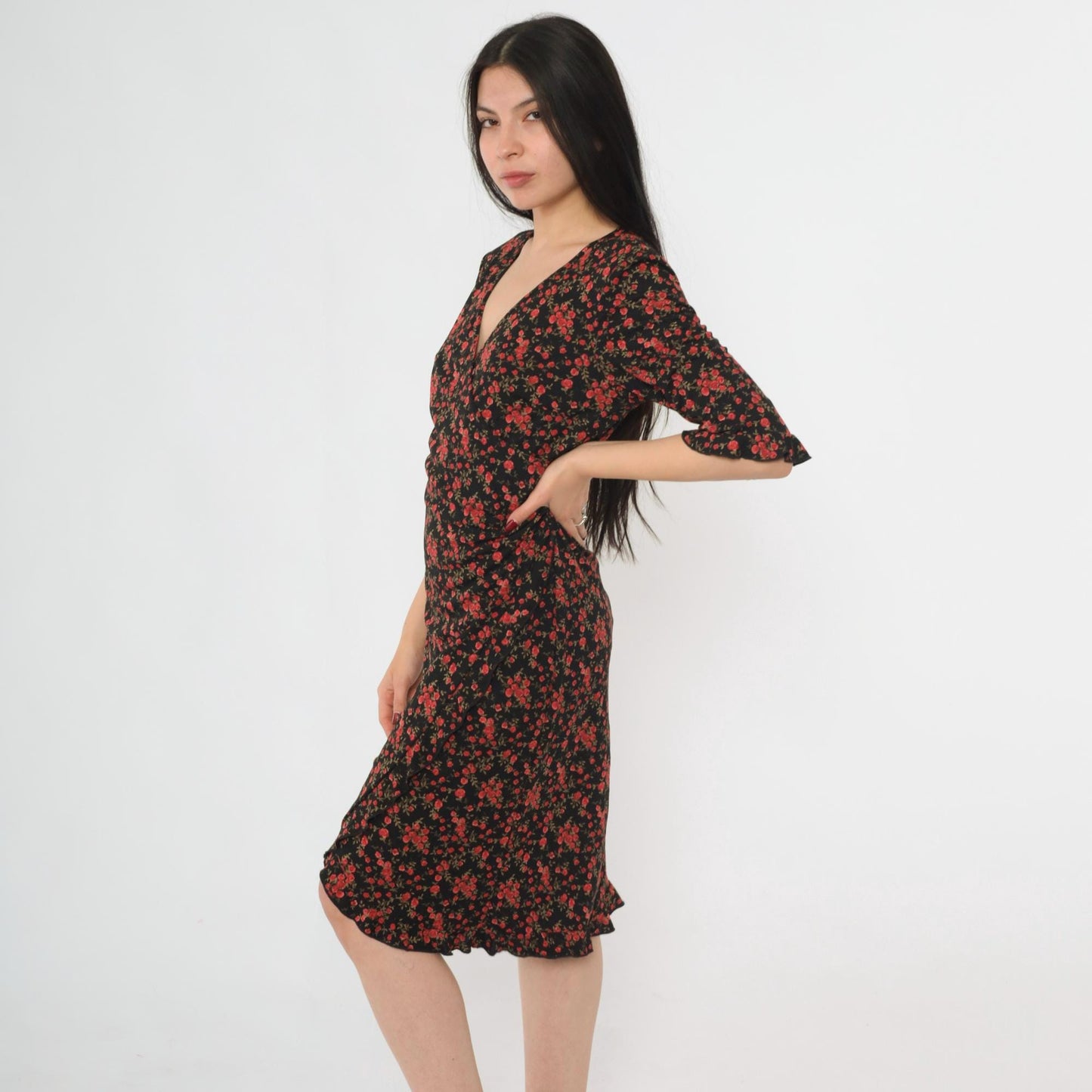 90s Connected Apparel Black Floral Midi Dress Rose Print V Neck Medium