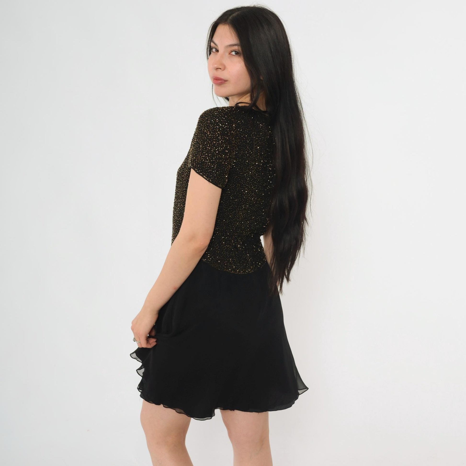 90s Cache Beaded Silk Chiffon Mini Dress Black Gold Fit Flare Small