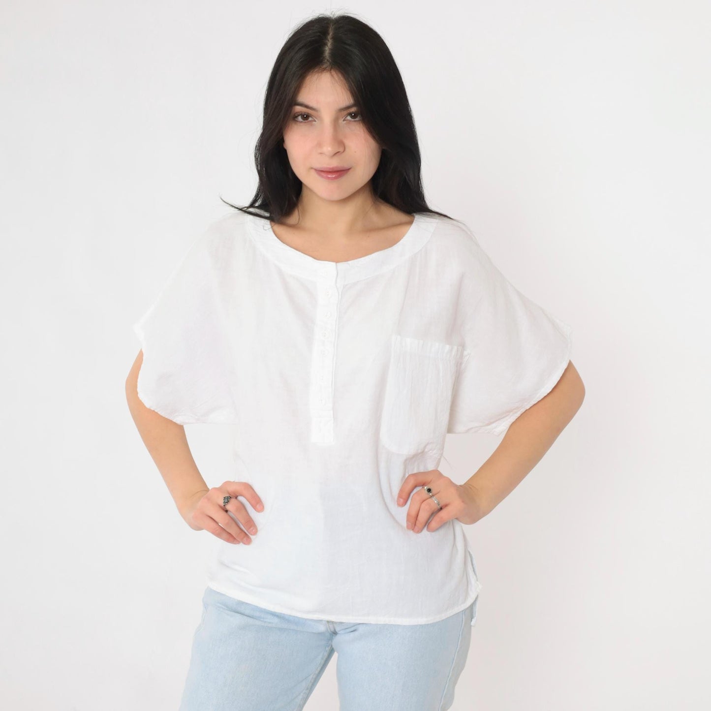 90s Coastal Clothing White Cotton Button-Up Blouse Short Sleeve Medium M