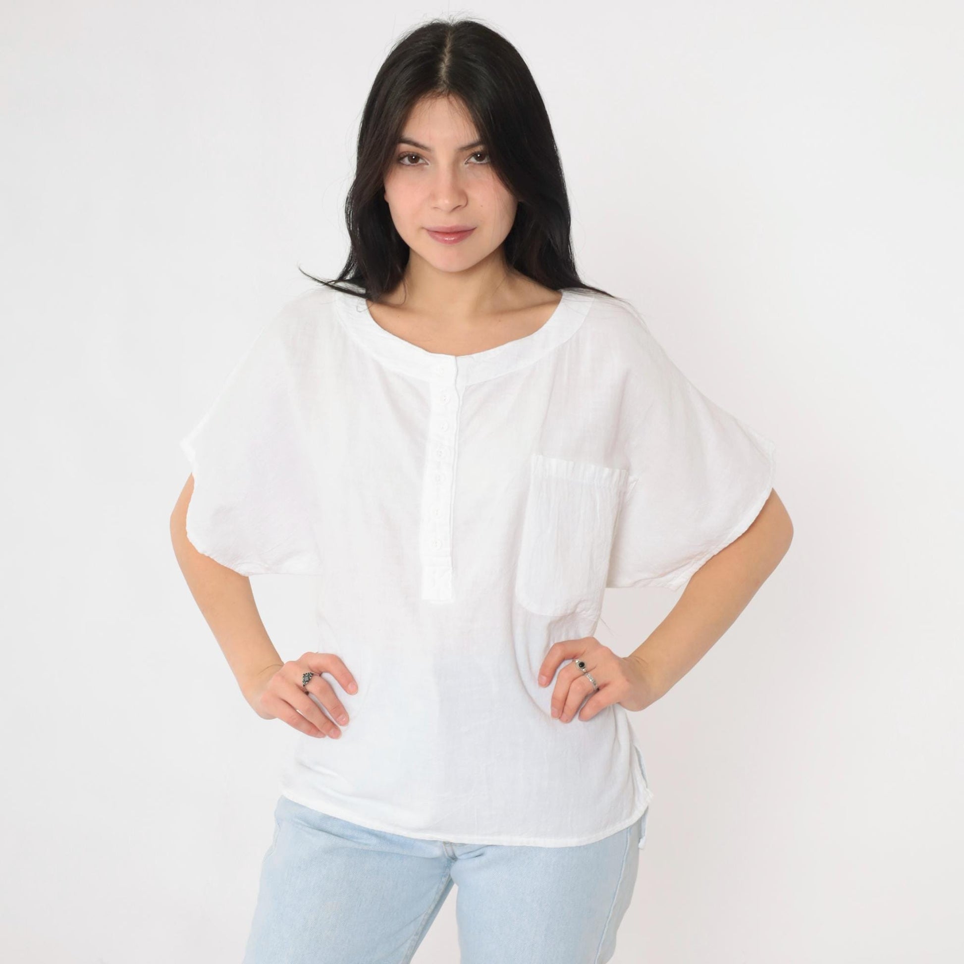90s Coastal Clothing White Cotton Button-Up Blouse Short Sleeve Medium M