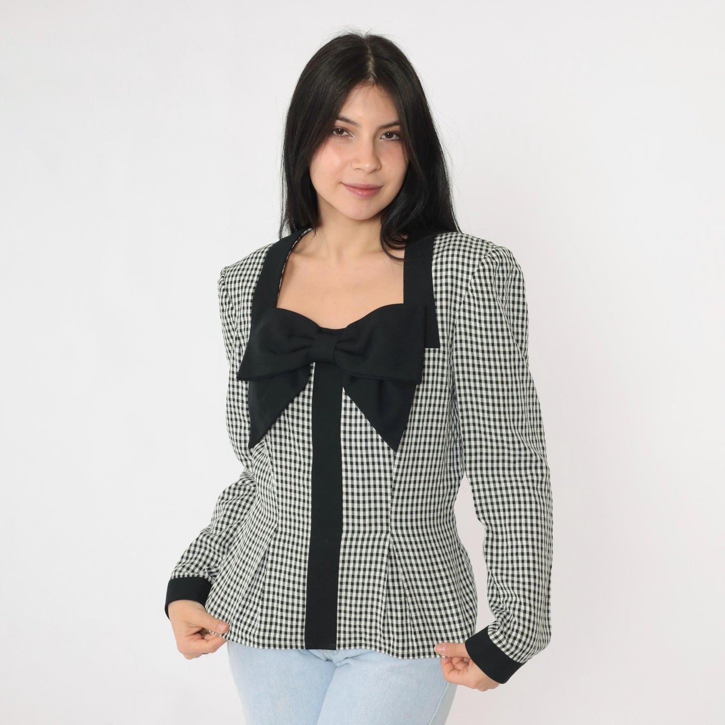 90s Black Gingham Bow Blouse Long Sleeve Checkered Shirt Medium 8