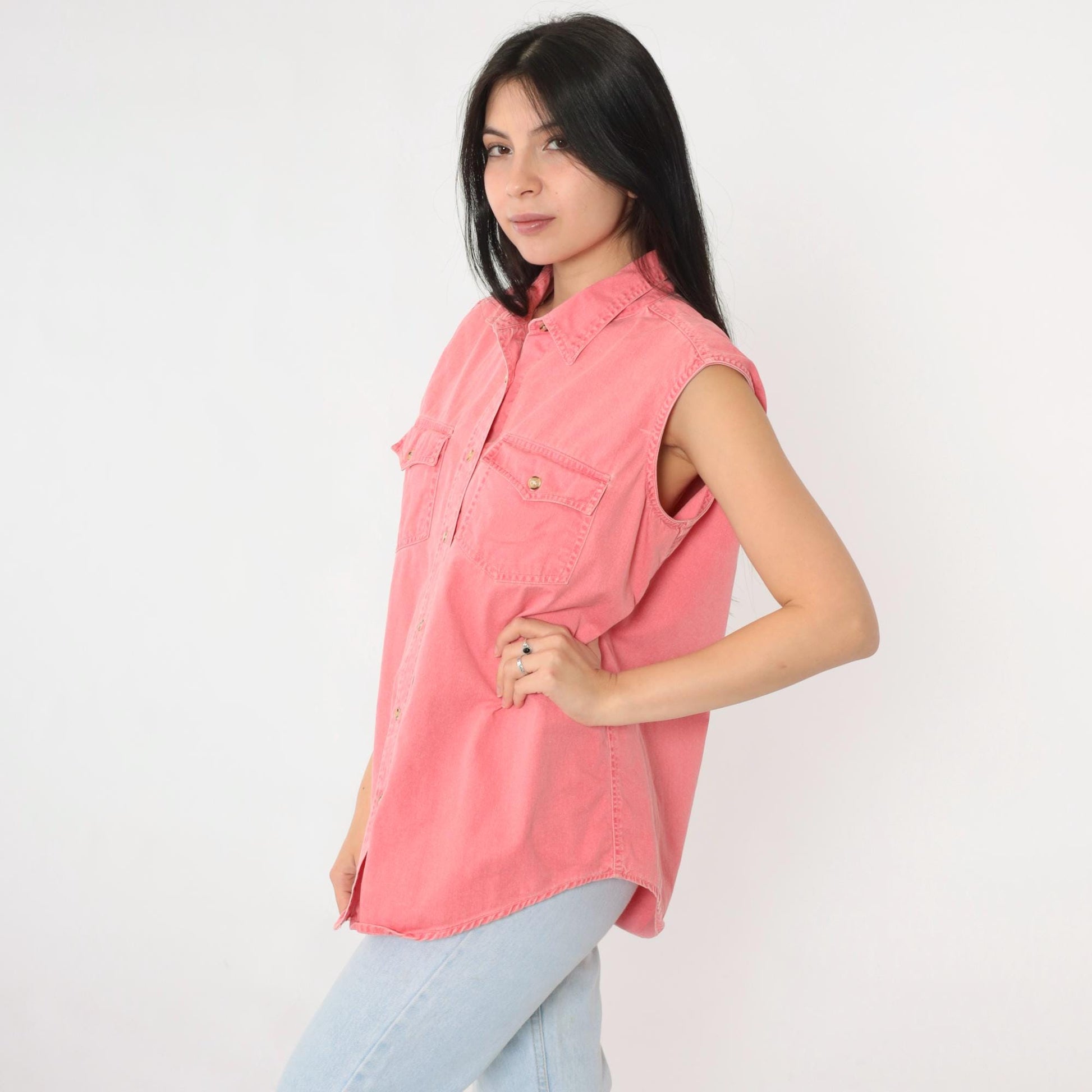 90s Pink Cotton Sleeveless Button-Up Blouse Chest Pockets Large L