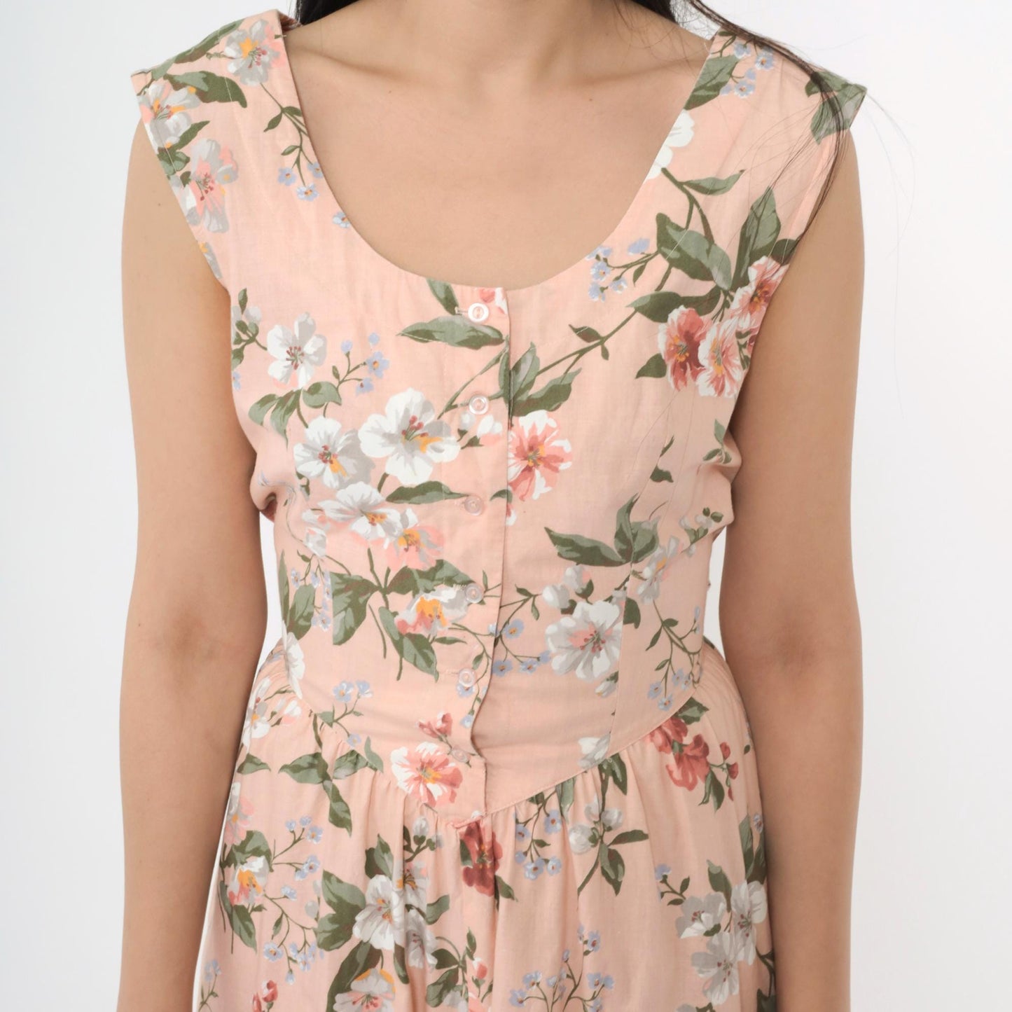 80s Pink Floral Midi Shirtdress Basque Waist Cap Sleeve Button Front Medium