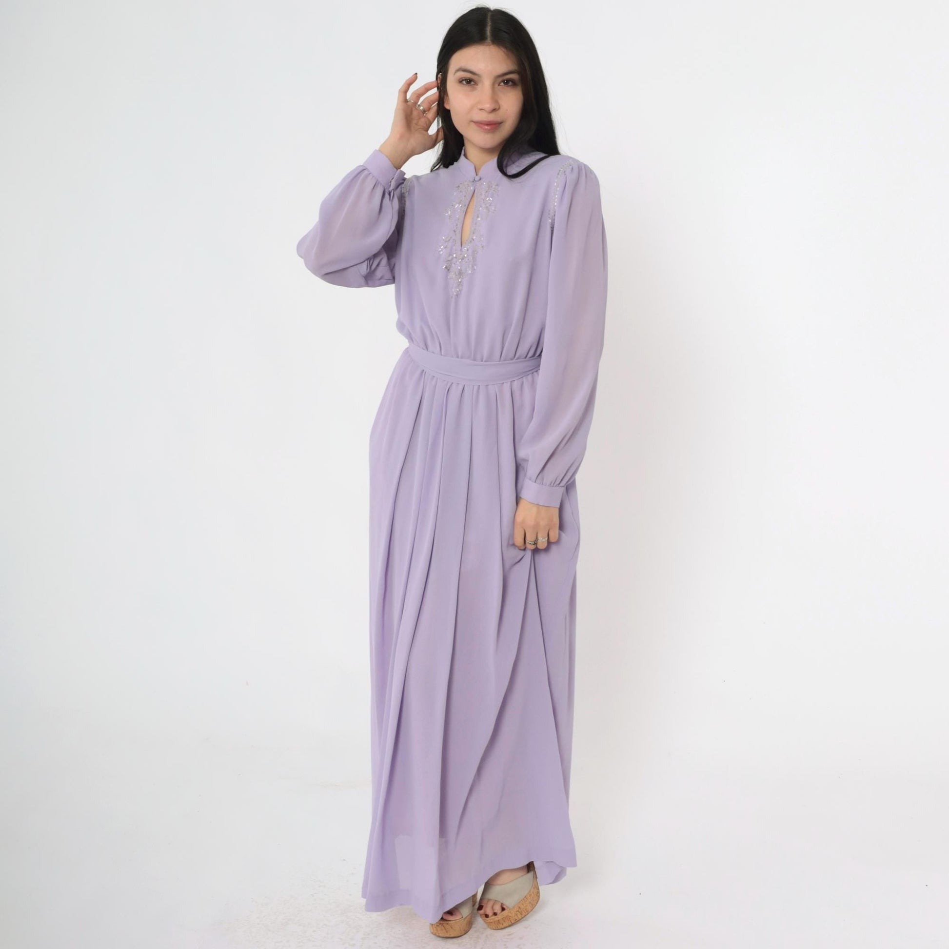 80s Lavender Chiffon Maxi Dress Beaded Sequin Puff Sleeve Mandarin Collar Medium M