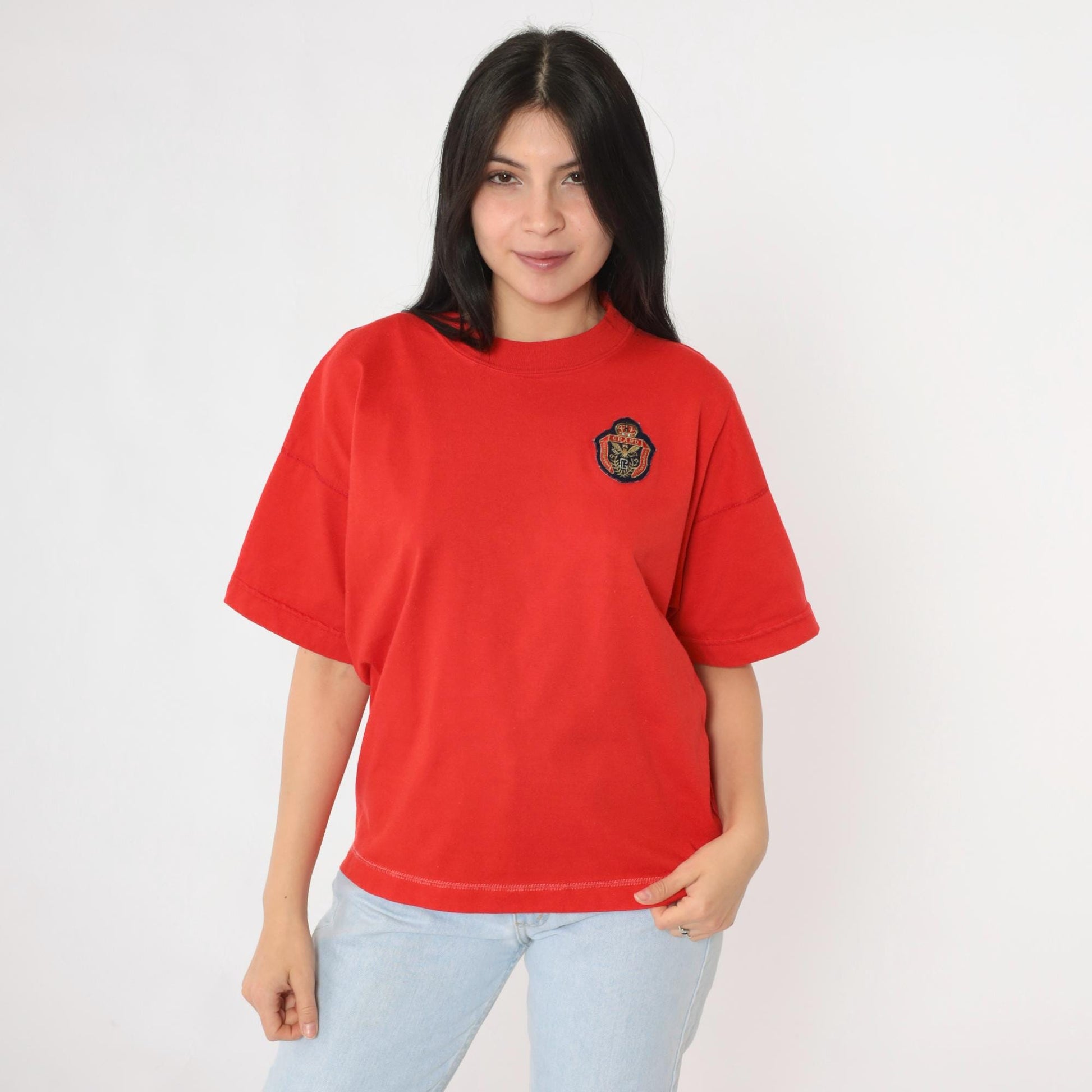 90s Grand Eagle Crest Embroidered T-Shirt Red Crewneck Extra Large XL