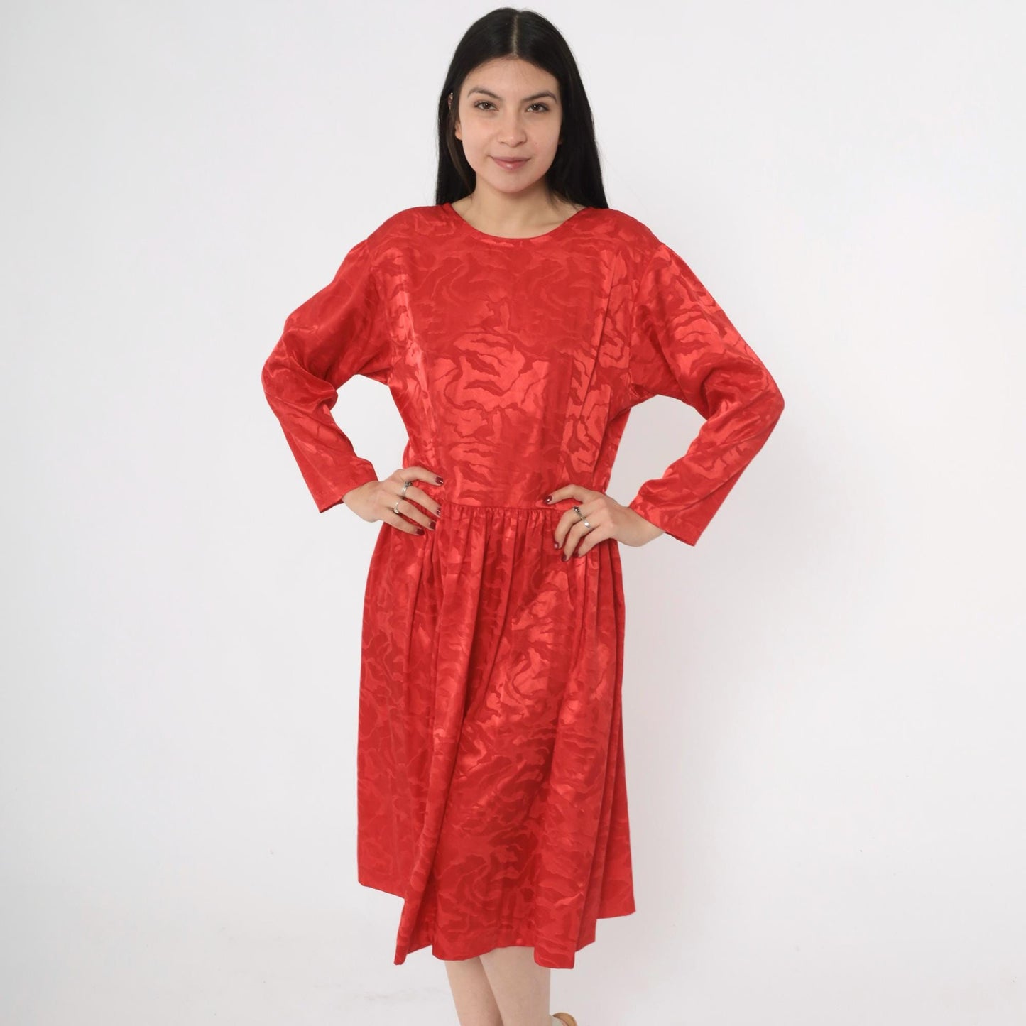 80s Apostrophe Red Jacquard Midi Dress Scoop Back Long Sleeve Medium M