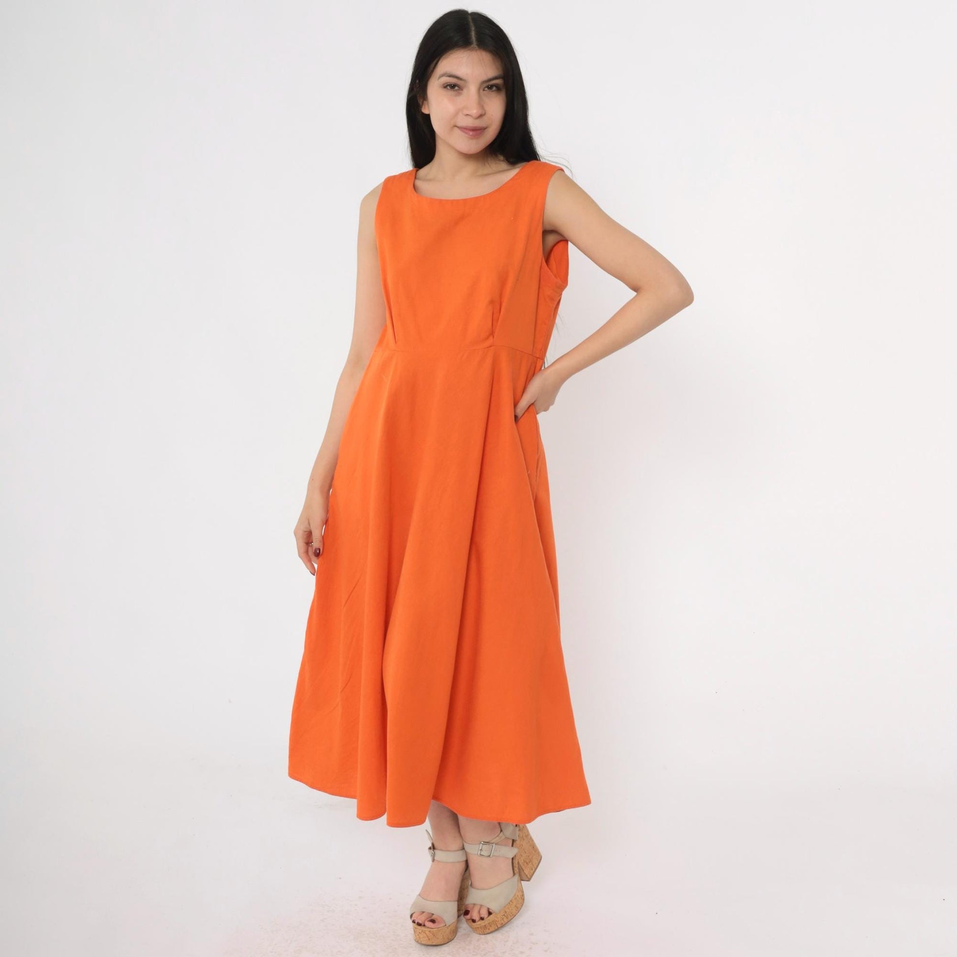 80s Orange Midi Dress Button Back A-Line Sleeveless Medium M