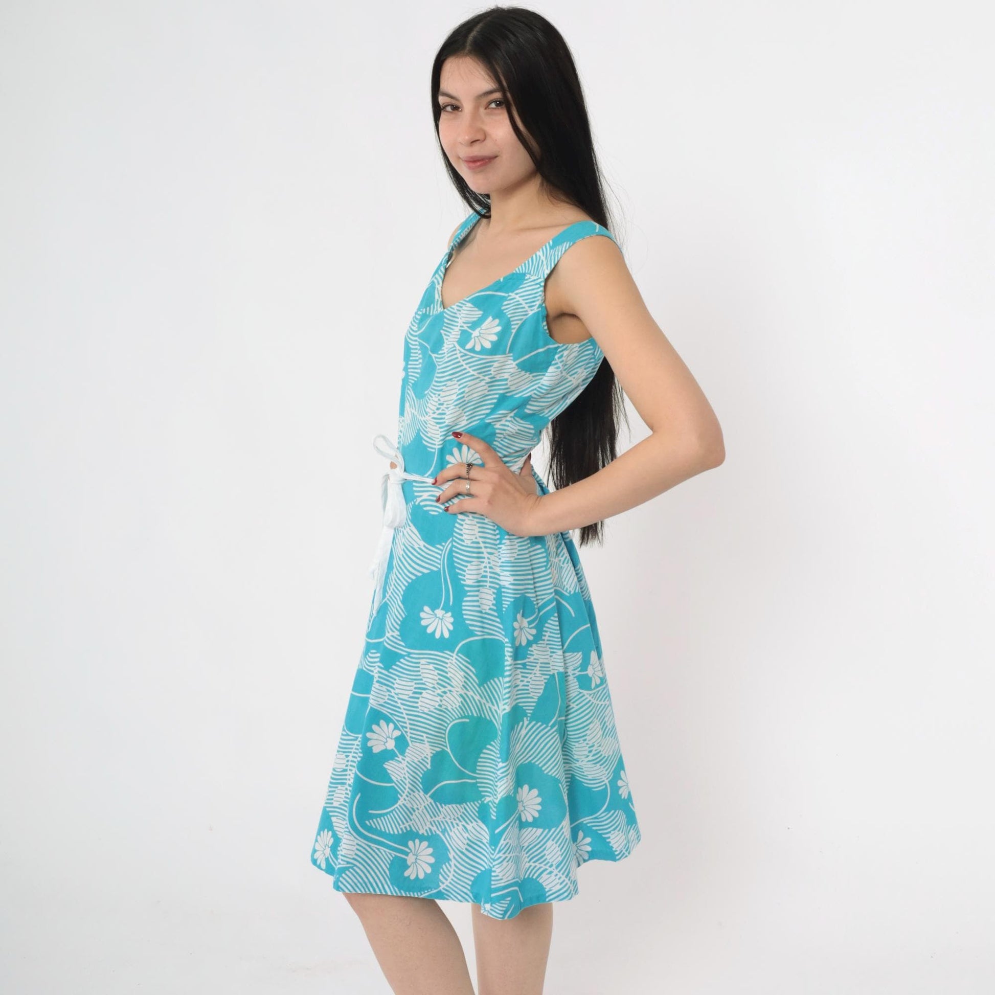 70s Andrade Hawaiian Floral Wrap Sundress Blue White A-Line Small
