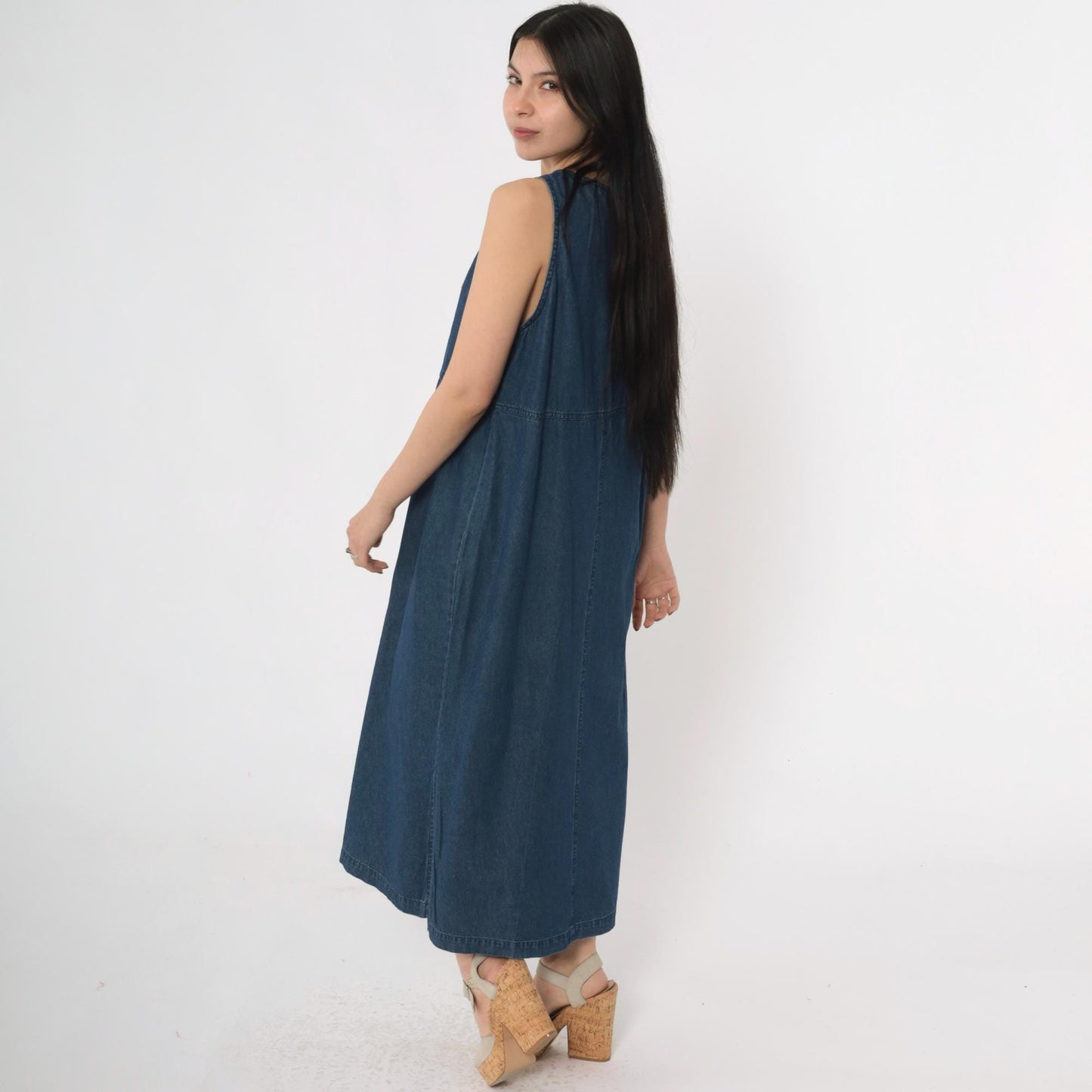 90s Blue Denim Dress Floral Embroidered Patchwork Sleeveless Ankle Length Medium