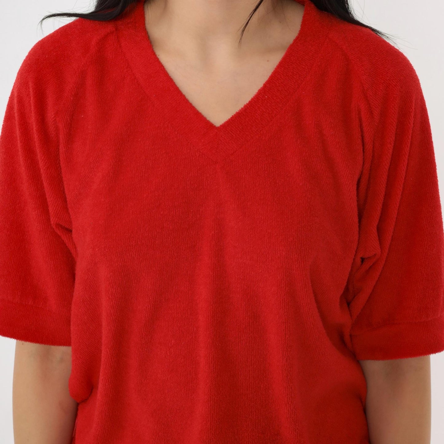 80s Alfie California Terry Cloth V-Neck Top Red Short Sleeve Medium Large