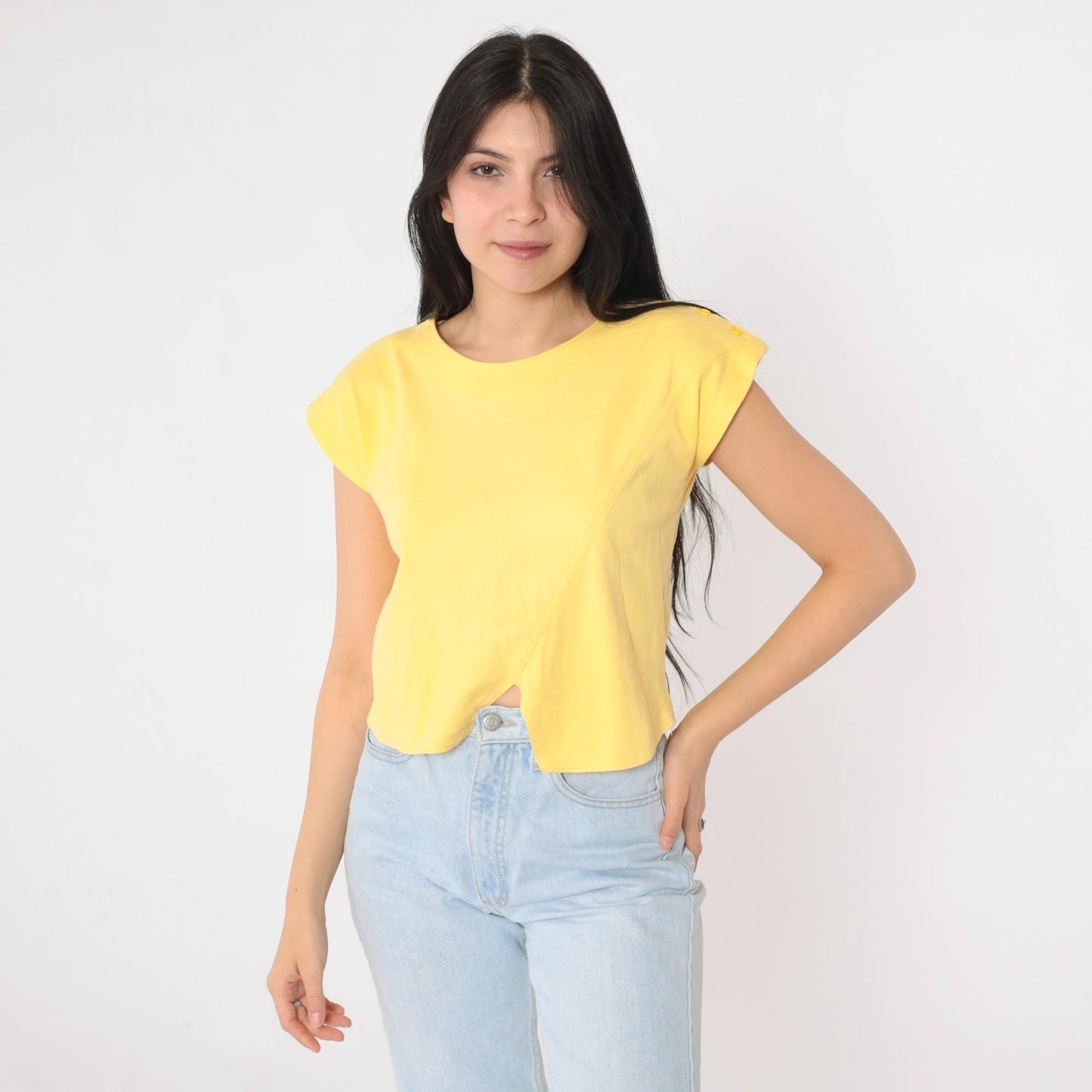 80s Yellow Asymmetric Hem Cap Sleeve Crop Top Cotton Blend Small S