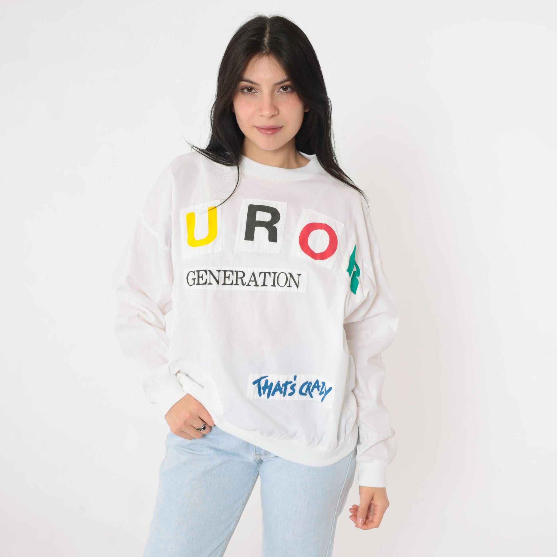 90s Furor Generation Graphic Long Sleeve Shirt White Colorful Appliqué Large L