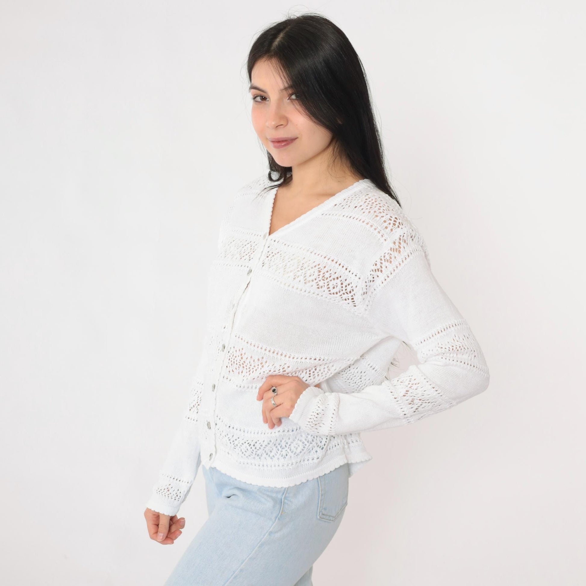 80s White Pointelle Cardigan Sheer Cutout Button-Up V-Neck Medium M