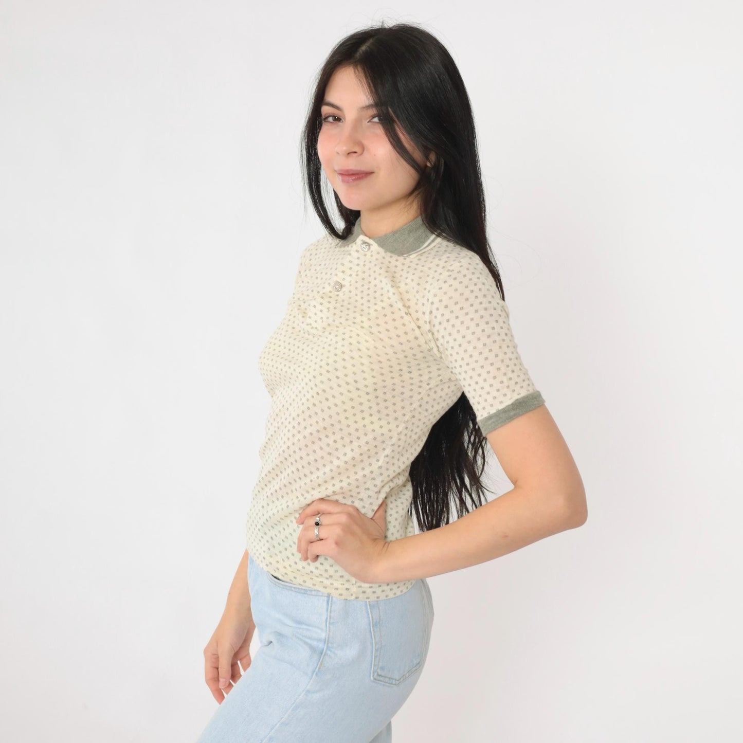 80s RoyCo Sportswear Cream Knit Polo Polka Dot Grey Short Sleeve Extra Small