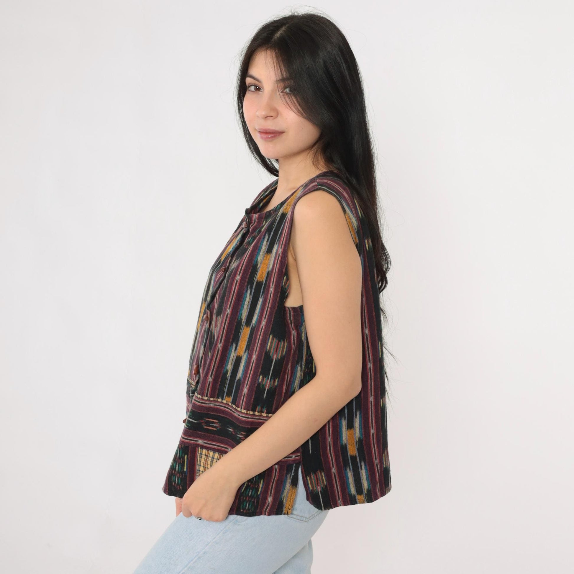 90s Ikat Striped Sleeveless Button-Up Shirt Black Multicolor Medium M
