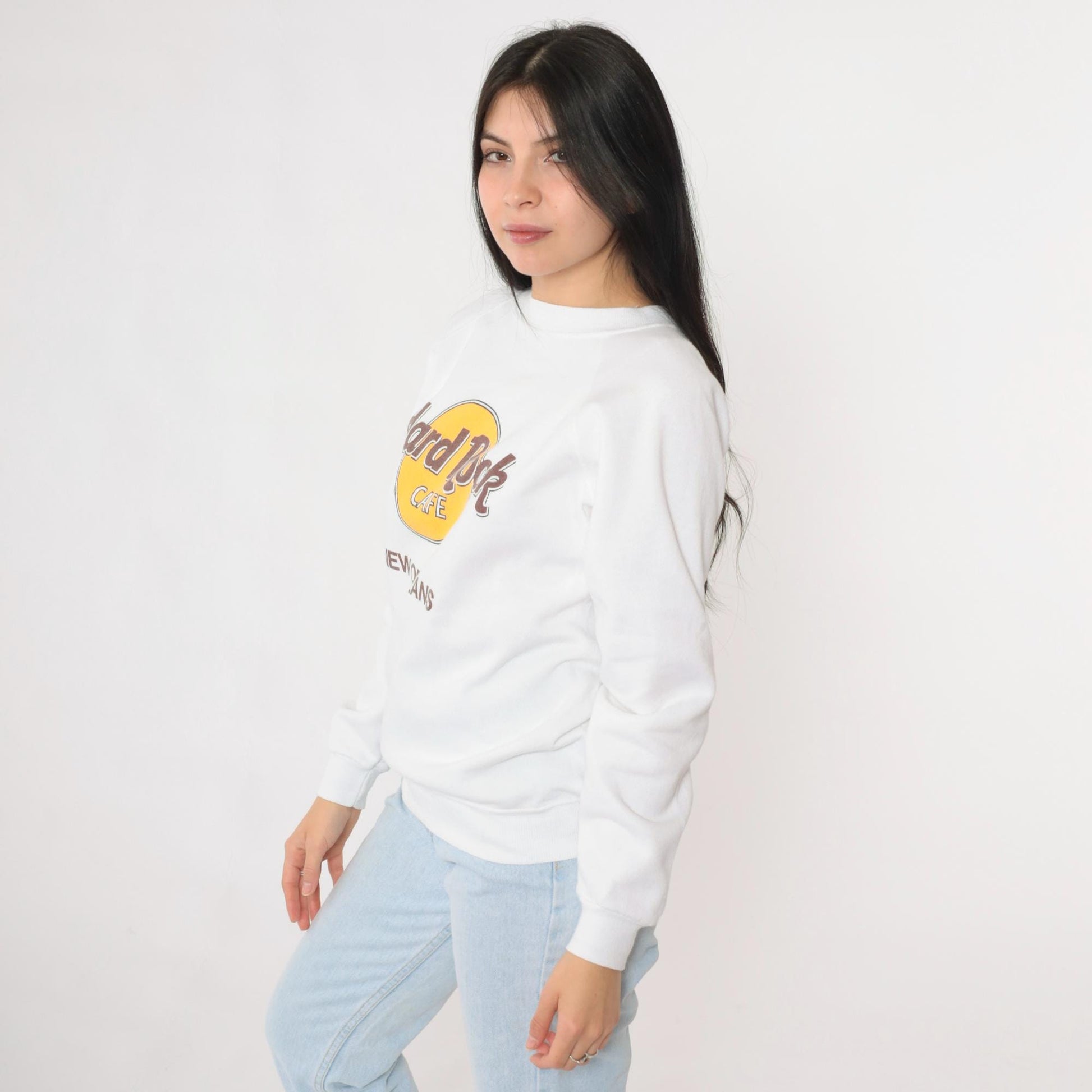 90s Hard Rock Cafe New Orleans Raglan Sweatshirt White Graphic Small