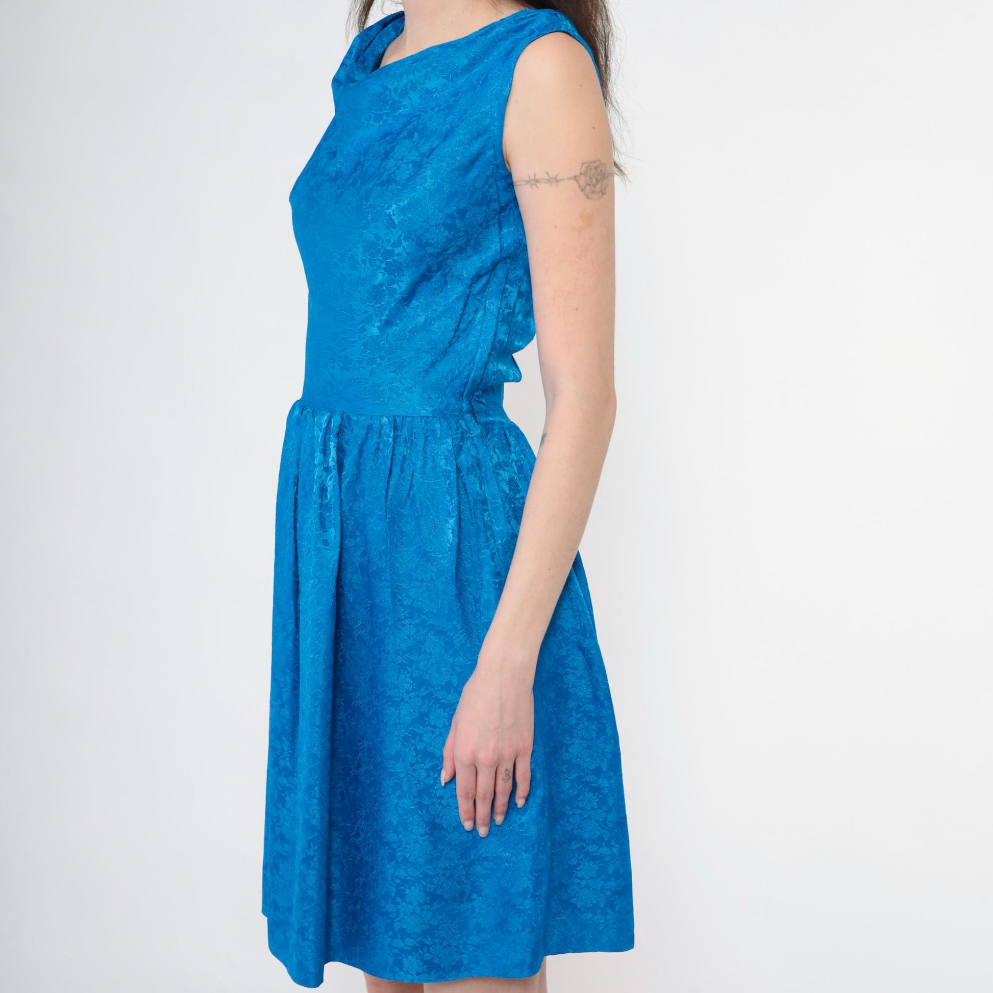 60s Blue Damask Floral Jacquard Cocktail Dress Sleeveless Fit Flare Extra Small