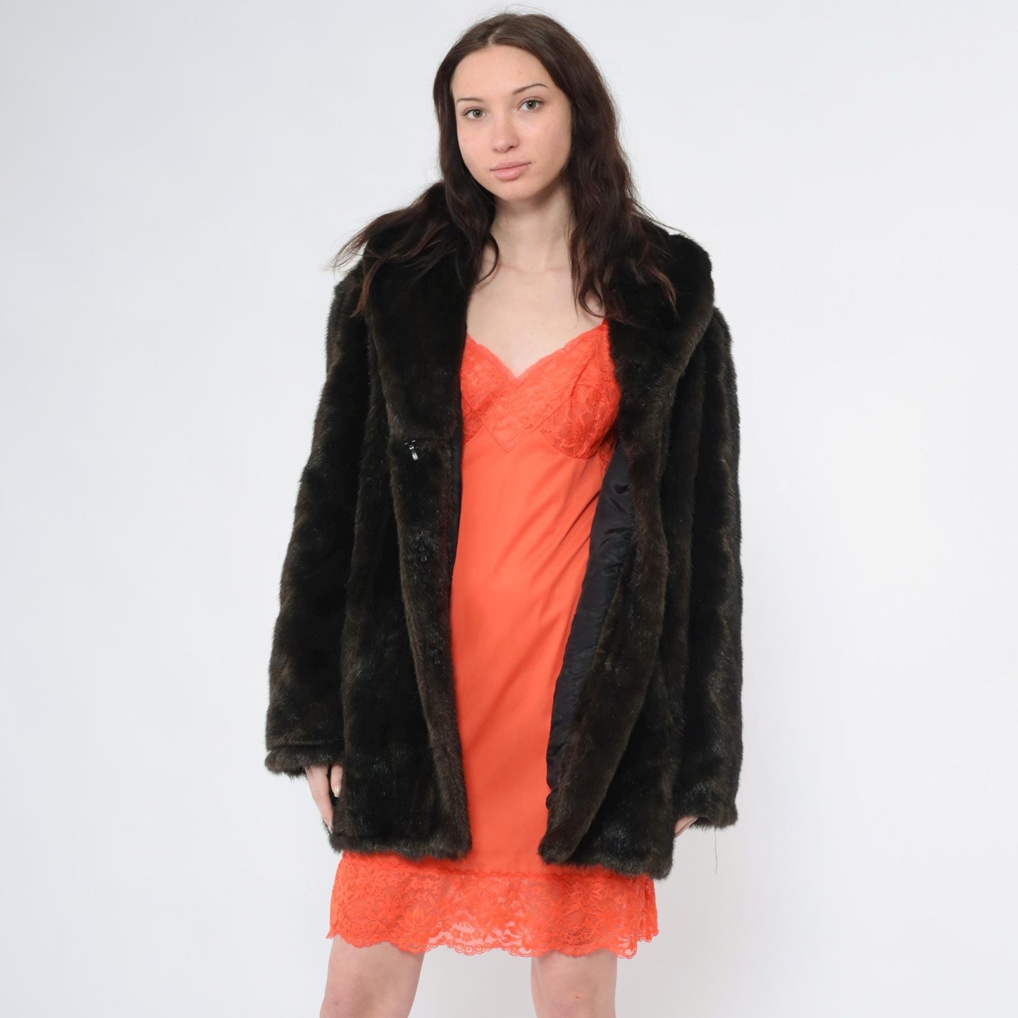 90s Brown Faux Fur Jacket Shawl Collar Short Coat Extra Large XL