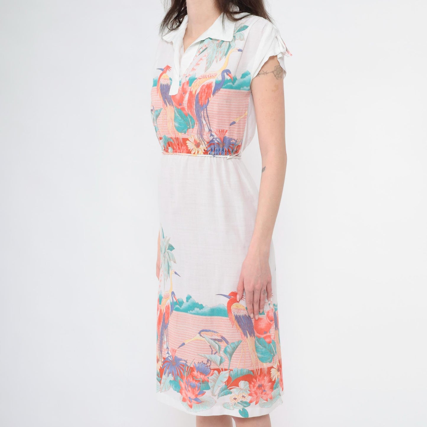 80s Tropical Bird Midi Dress White Crane Print Elastic Waist Polo Collar Extra Small