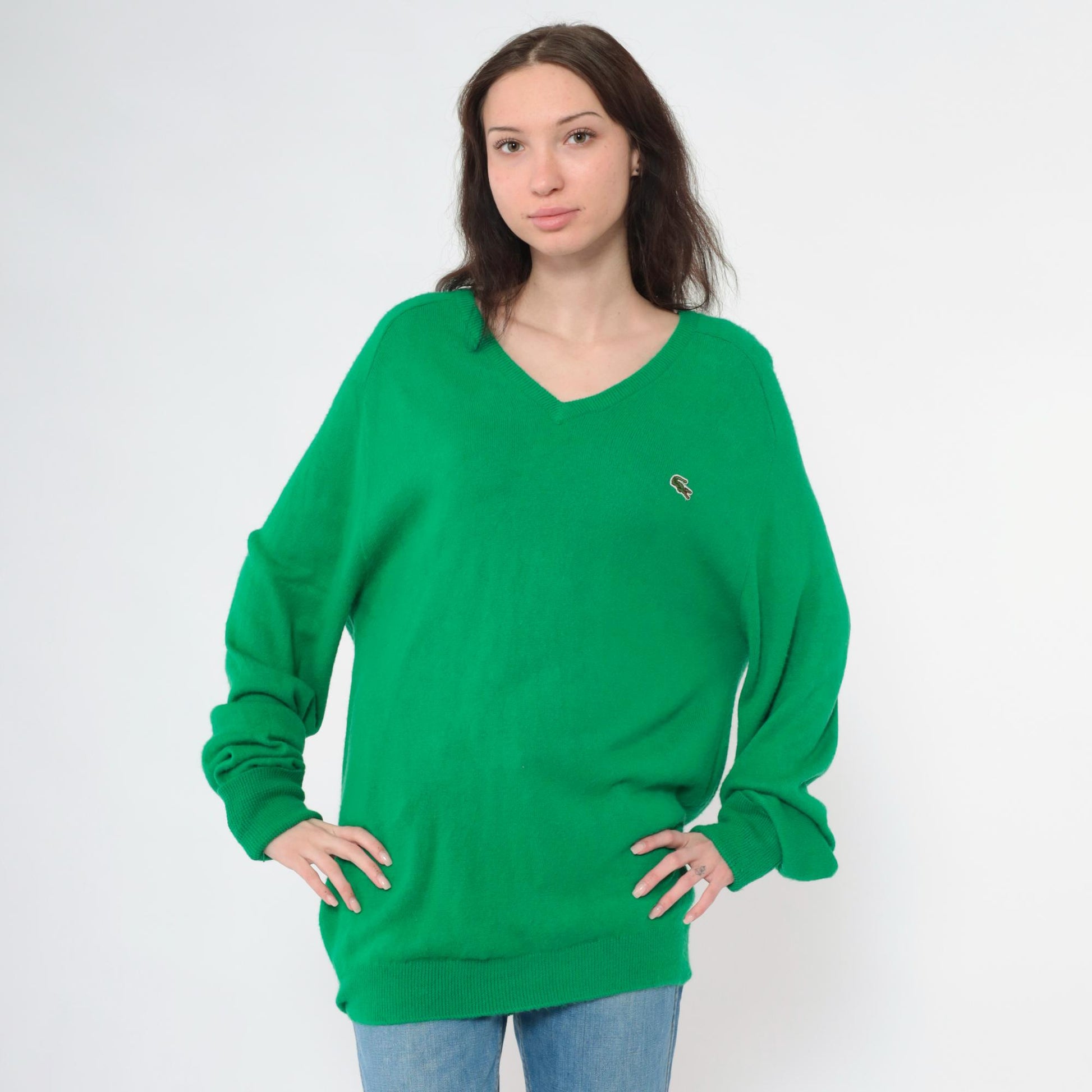 80s Izod Lacoste Green V-Neck Sweater Crocodile Logo Pullover Large L