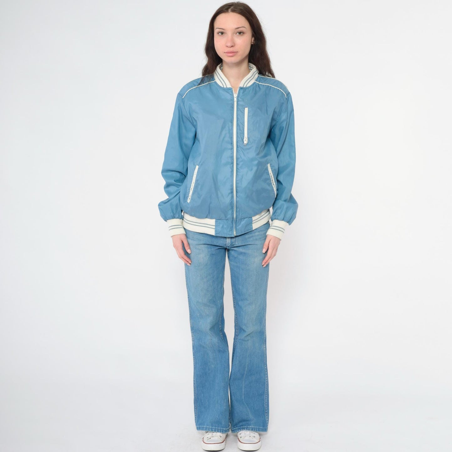 80s Reversible Windbreaker Jacket Blue White Color Block Bomber Medium