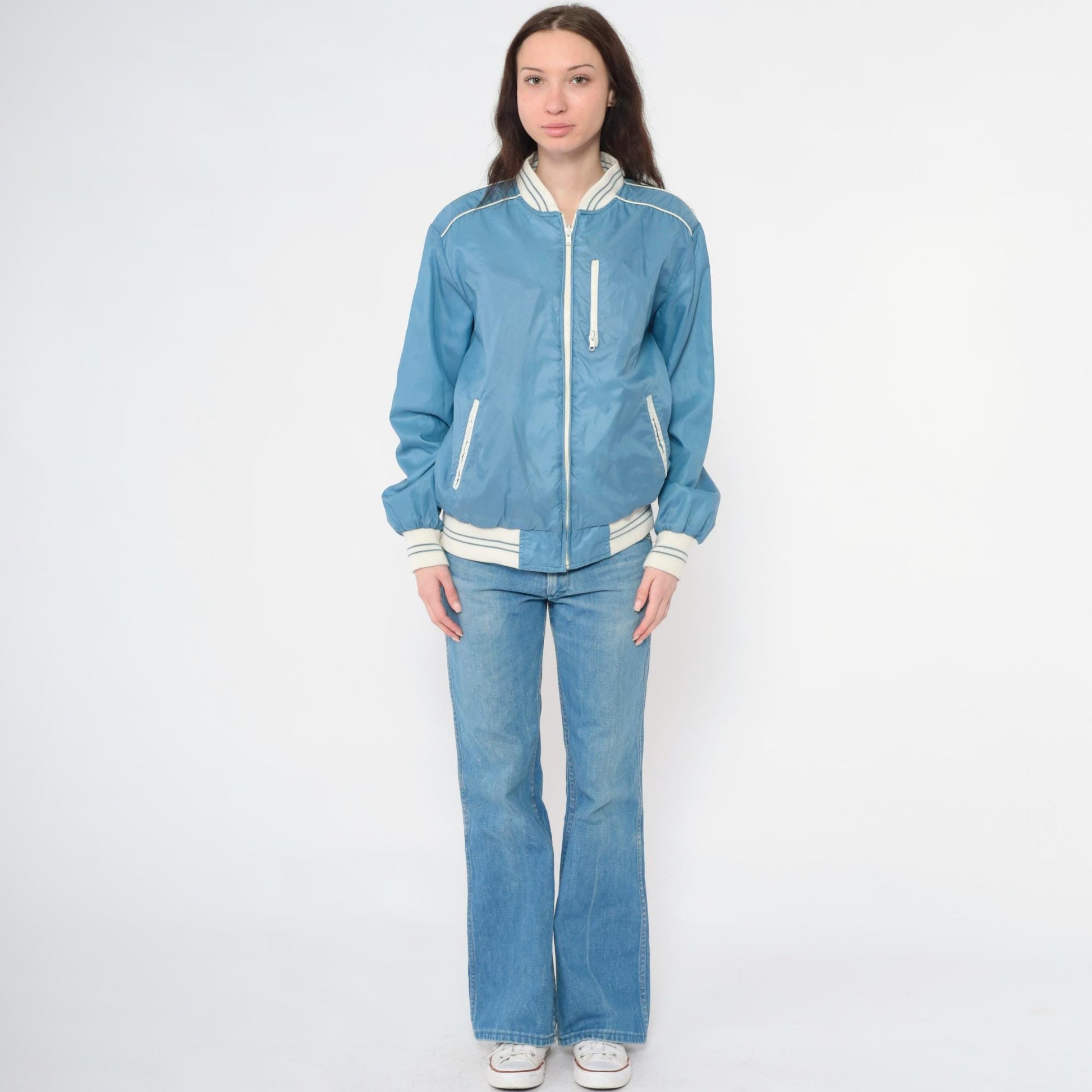 80s Reversible Windbreaker Jacket Blue White Color Block Bomber Medium