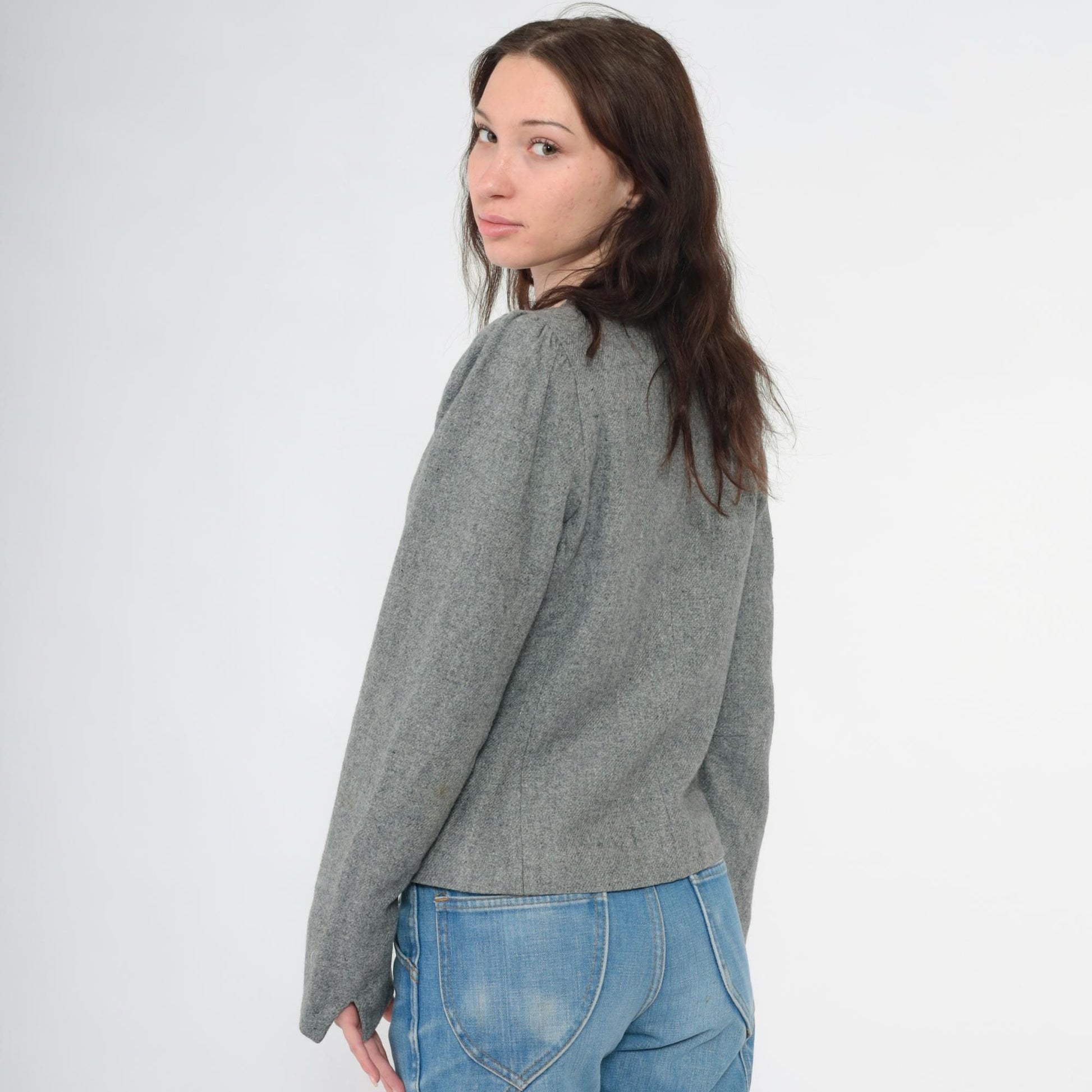 80s Grey Wool Blend Blazer Puff Sleeve Button-Up Jacket Small