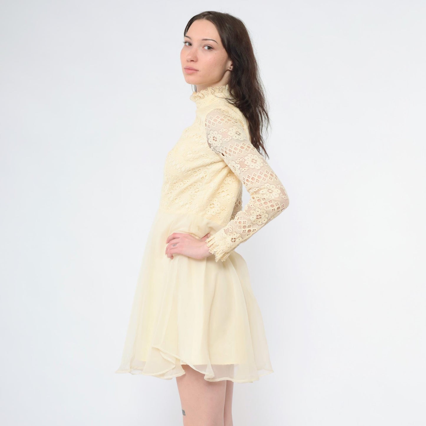Late 60s Early 70s Cream Lace Mini Dress High Neck Sheer Sleeves Small