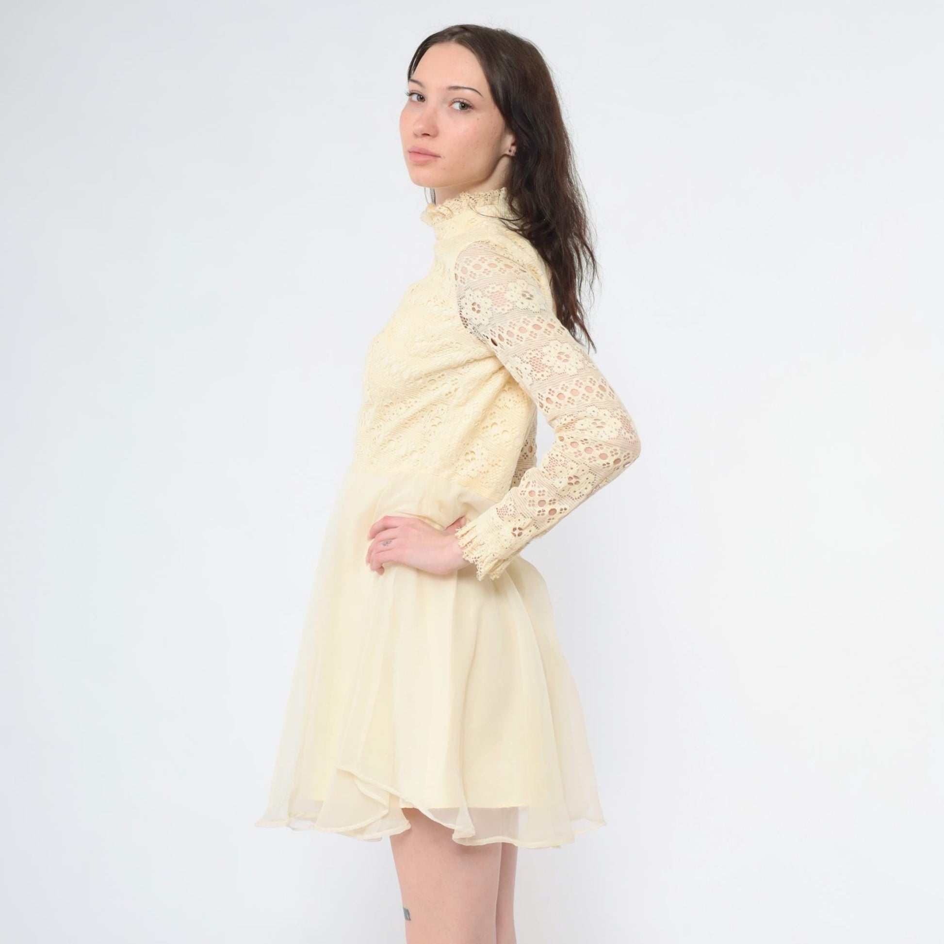 Late 60s Early 70s Cream Lace Mini Dress High Neck Sheer Sleeves Small