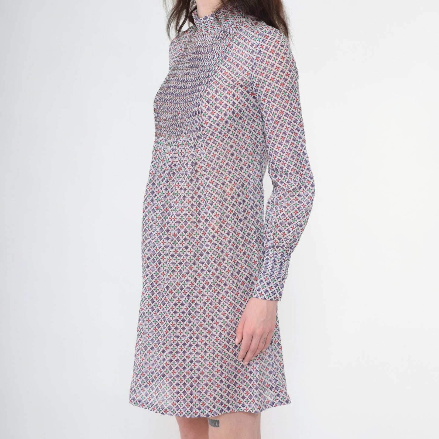 70s Purple Floral Abstract Shift Dress Pintuck Pleated Bib Long Sleeve Mini Extra Small