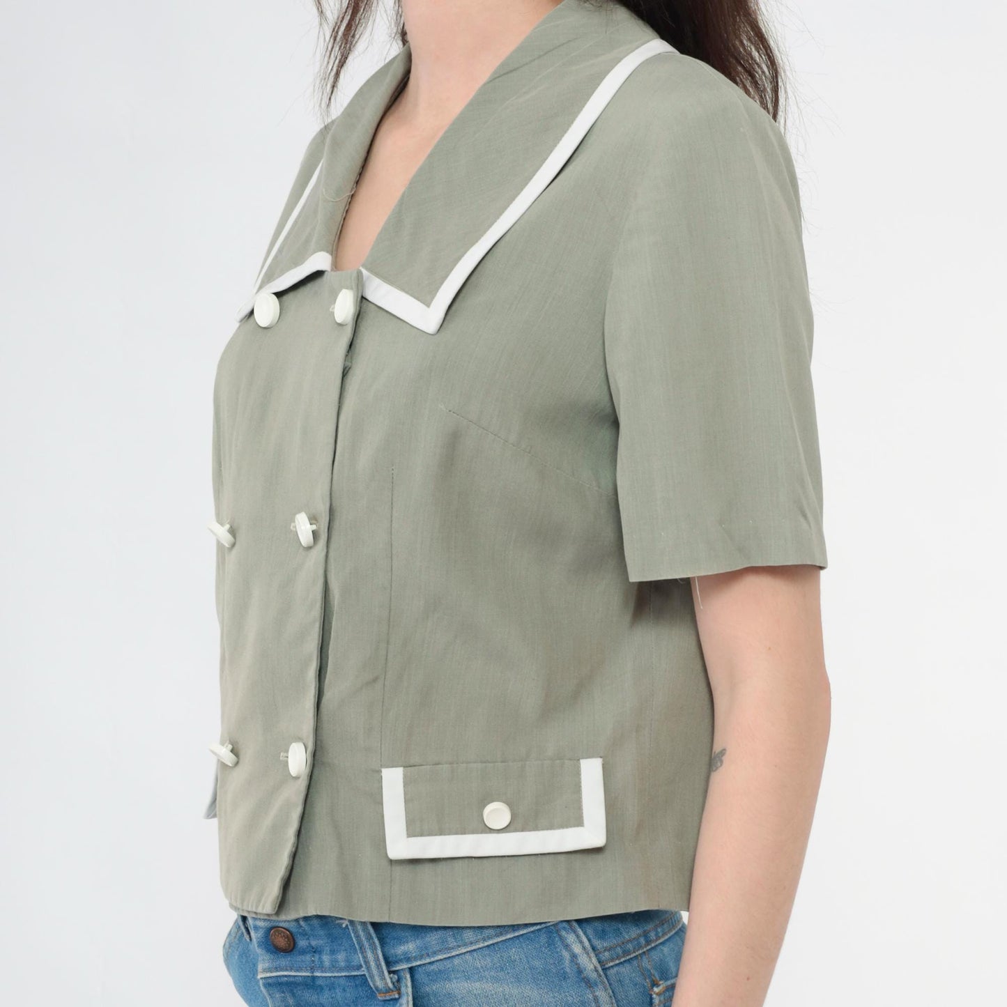 80s Grey Double Breasted Blouse Short Sleeve Button Up Medium M