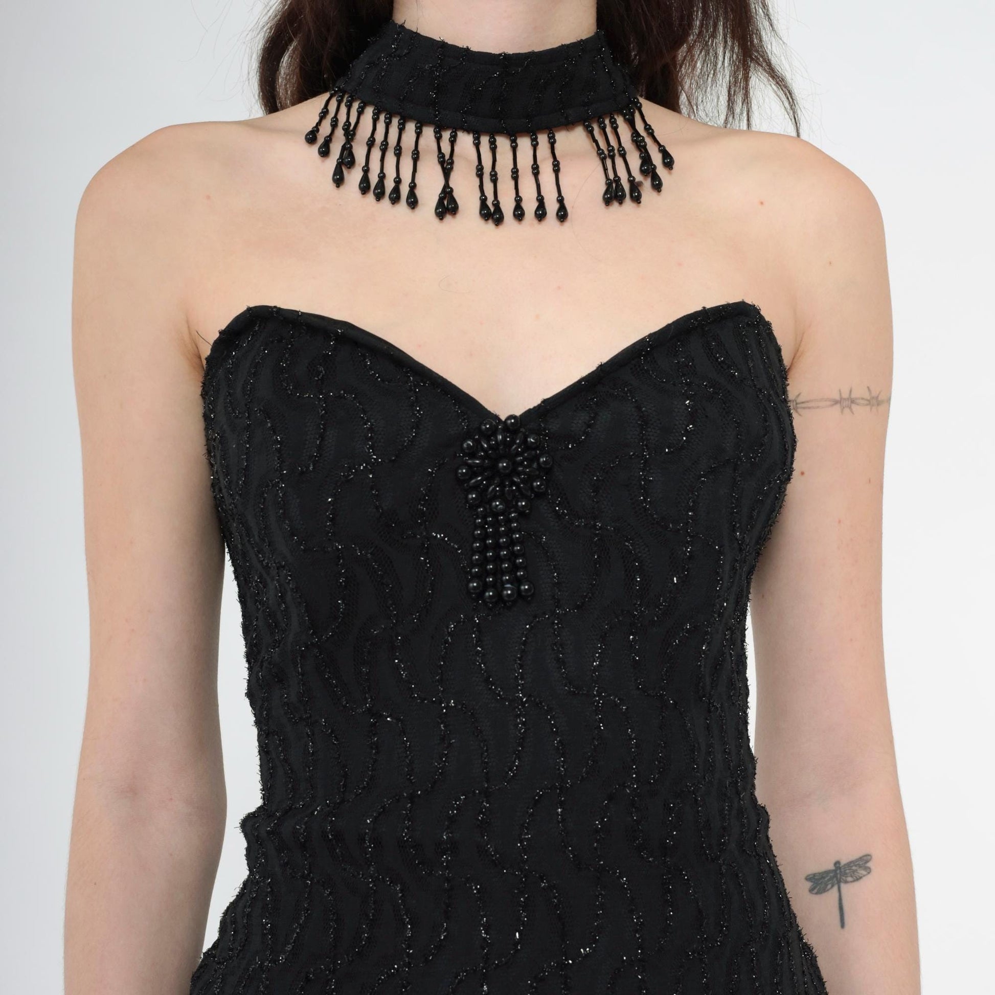 90s Black Beaded Lace Cocktail Dress Choker Neck Open Back Mini Small