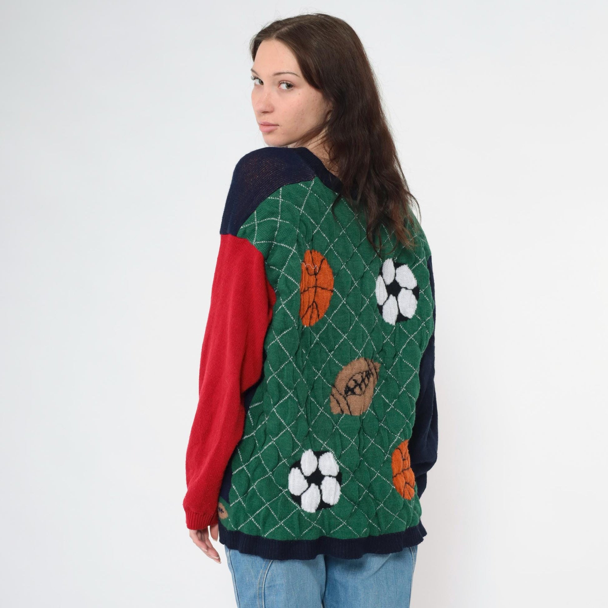 90s Cabin Creek Sports Cardigan Novelty Knit Basketball Football Soccer Plus Size XL