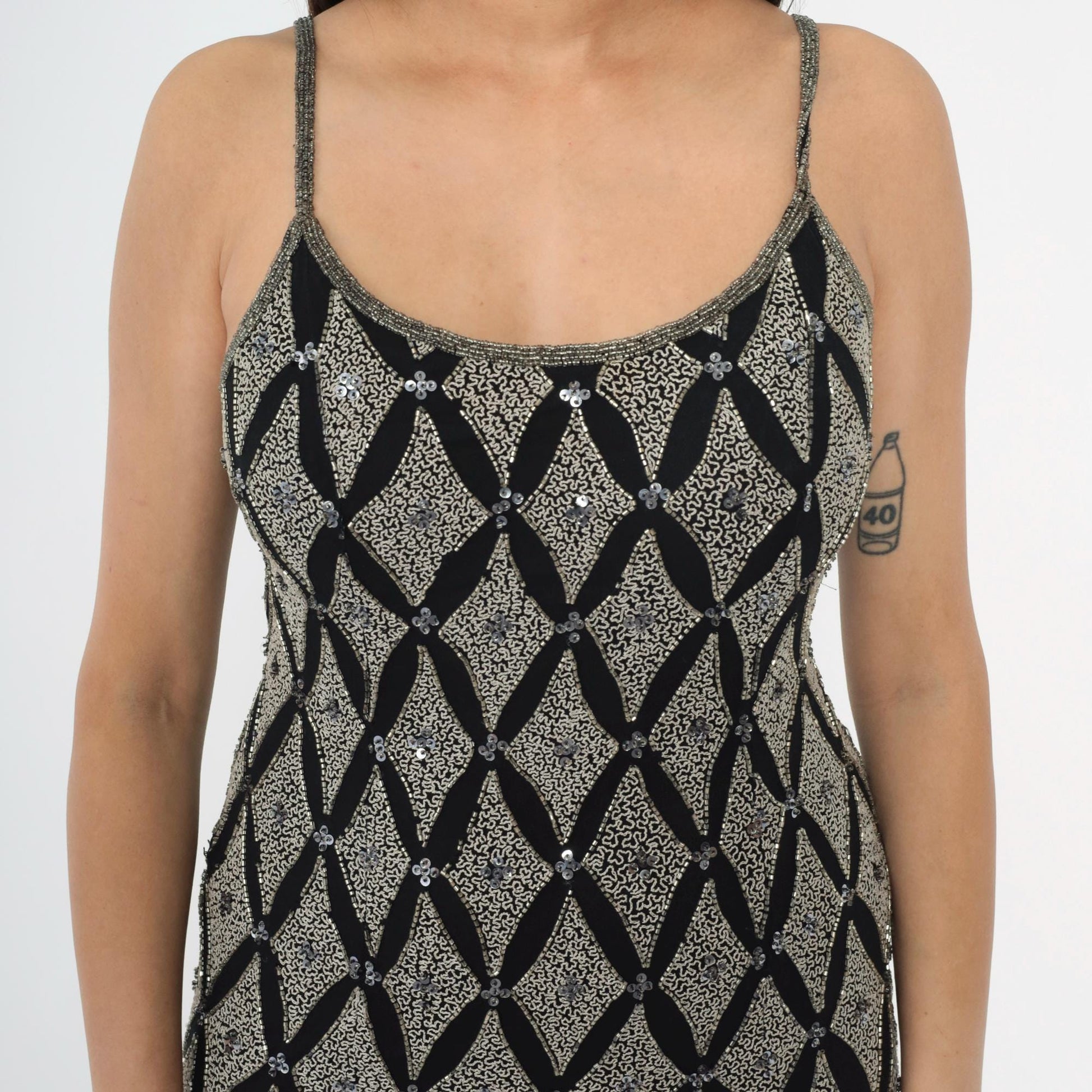 Y2K Adrianna Papell Silk Beaded Maxi Dress Black Silver Sequin Spaghetti Strap Small