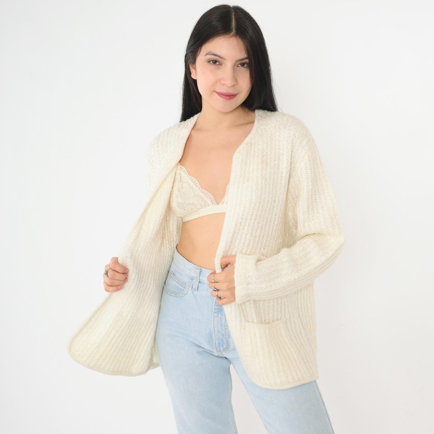 80s Sideffects Ivory Cardigan Ribbed Knit Open Front Pockets Large L