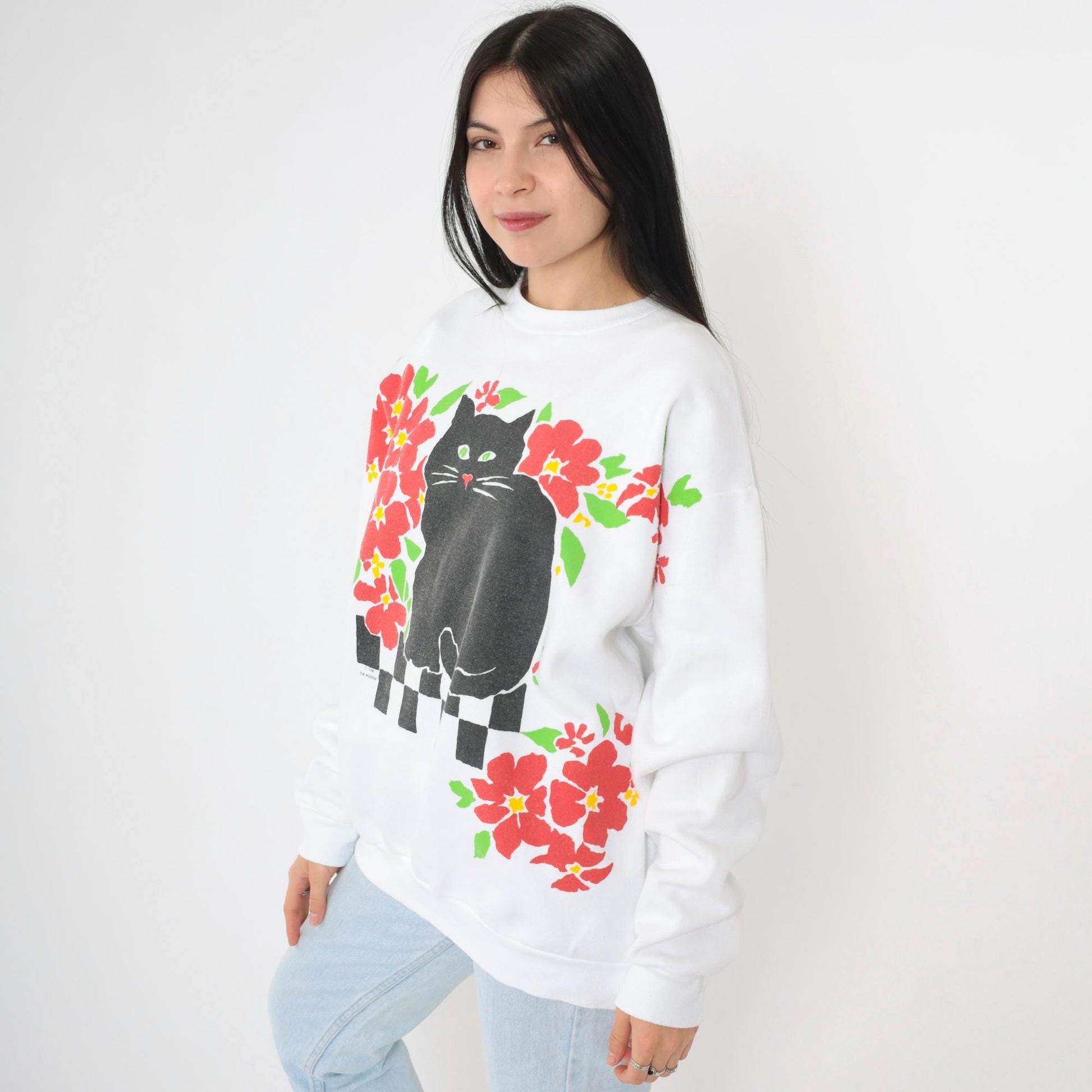 90s Cat Sweatshirt Black Graphic Crewneck White Red Hearts Large L