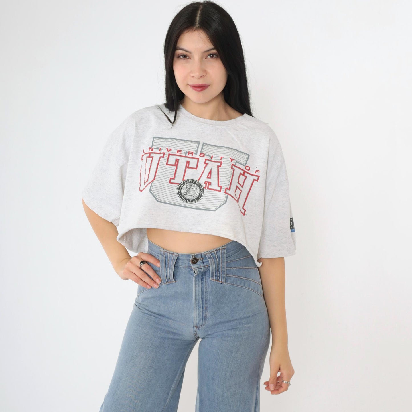 90s University of Utah Utes Crop Top Grey Graphic T-Shirt Cotton Medium