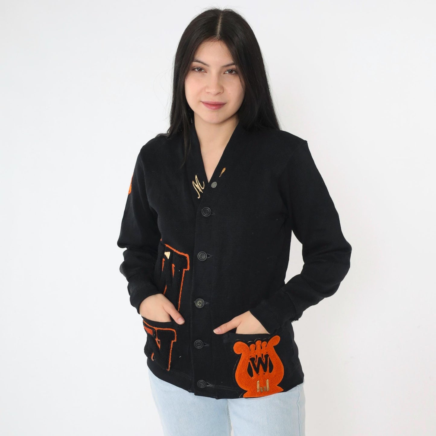 1950s Wilson Black Wool Varsity Cardigan Orange Chenille Patches Small