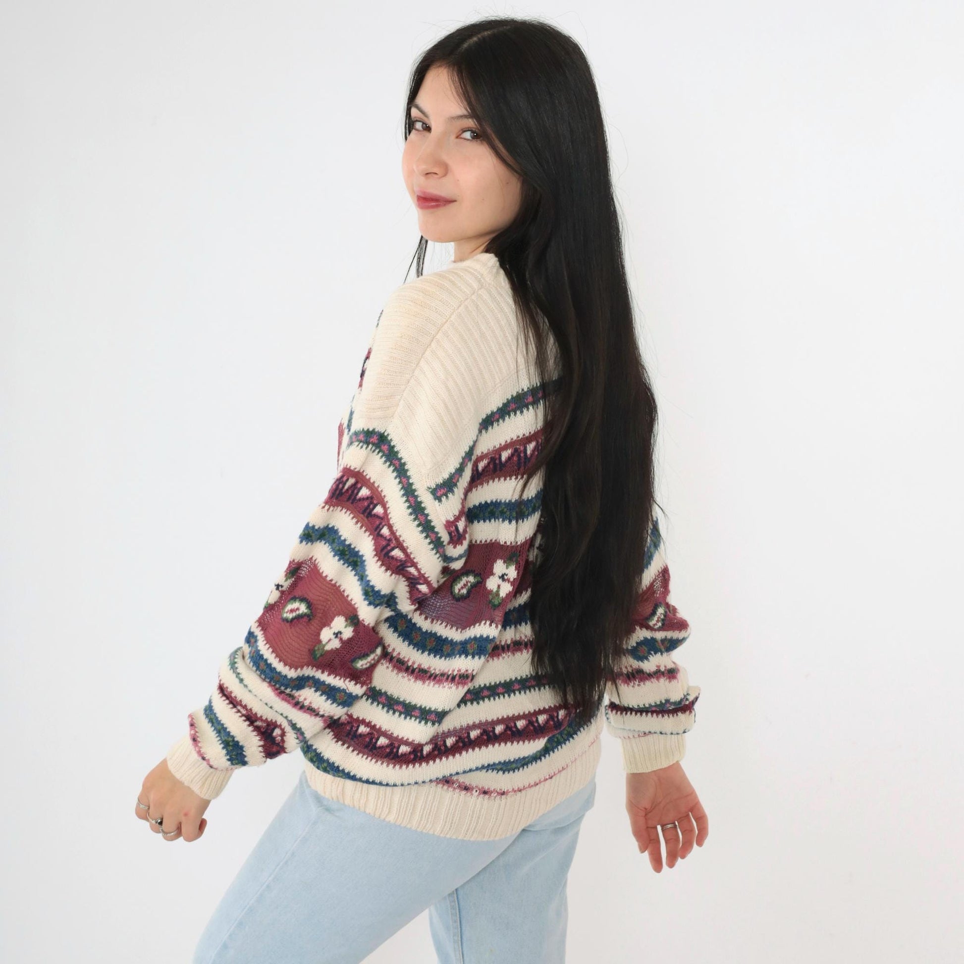 90s Woolrich Cream Knit Floral Sheer Stripe Pullover Crew Neck Medium M