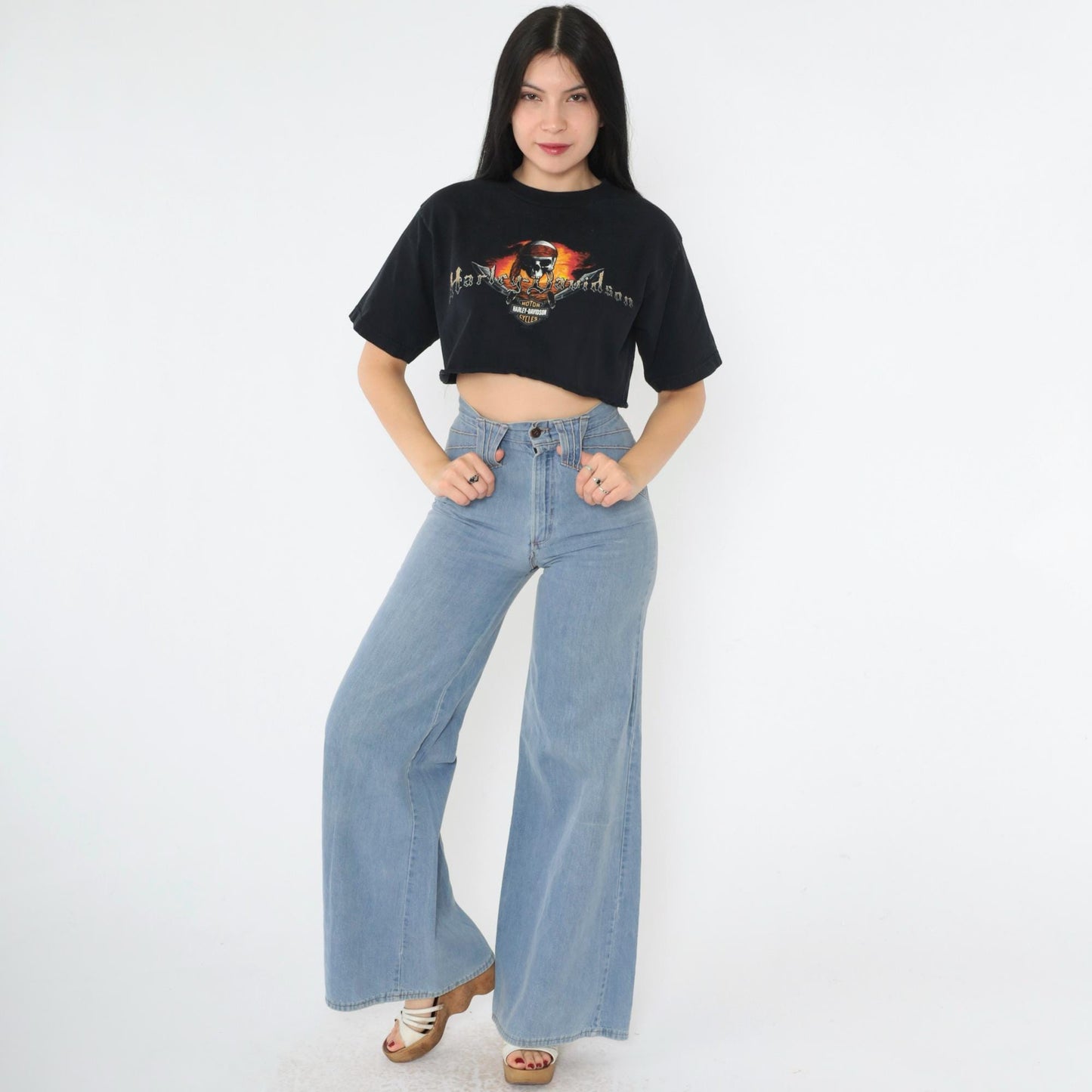 00s Harley Davidson Pirate Skull Crop Top Black Cotton Tee Medium M