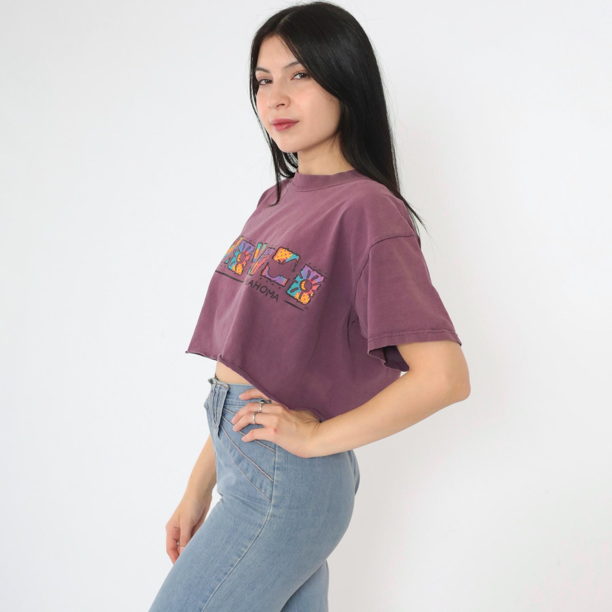 90s Oklahoma Floral Crop Top Burgundy Graphic T-Shirt Medium