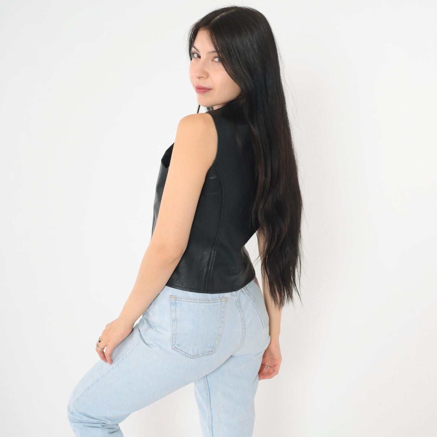 90s Black Leather Vest Snap Button Sleeveless Top Extra Small