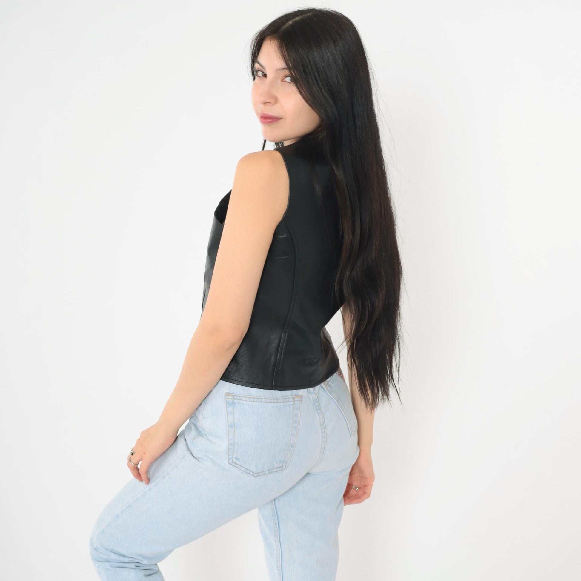 90s Black Leather Vest Snap Button Sleeveless Top Extra Small