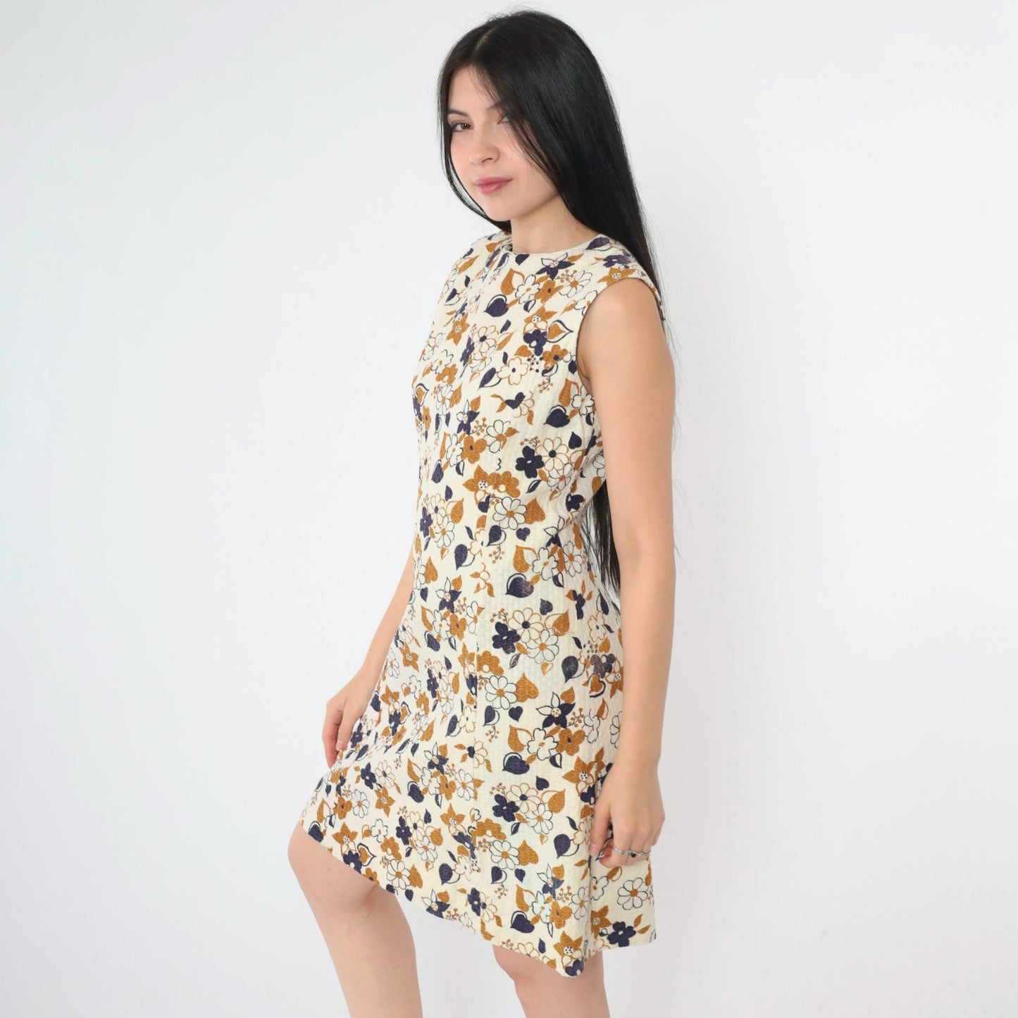 60s Mod Floral Mini Shift Dress Cream Blue Brown Honeycomb Small S