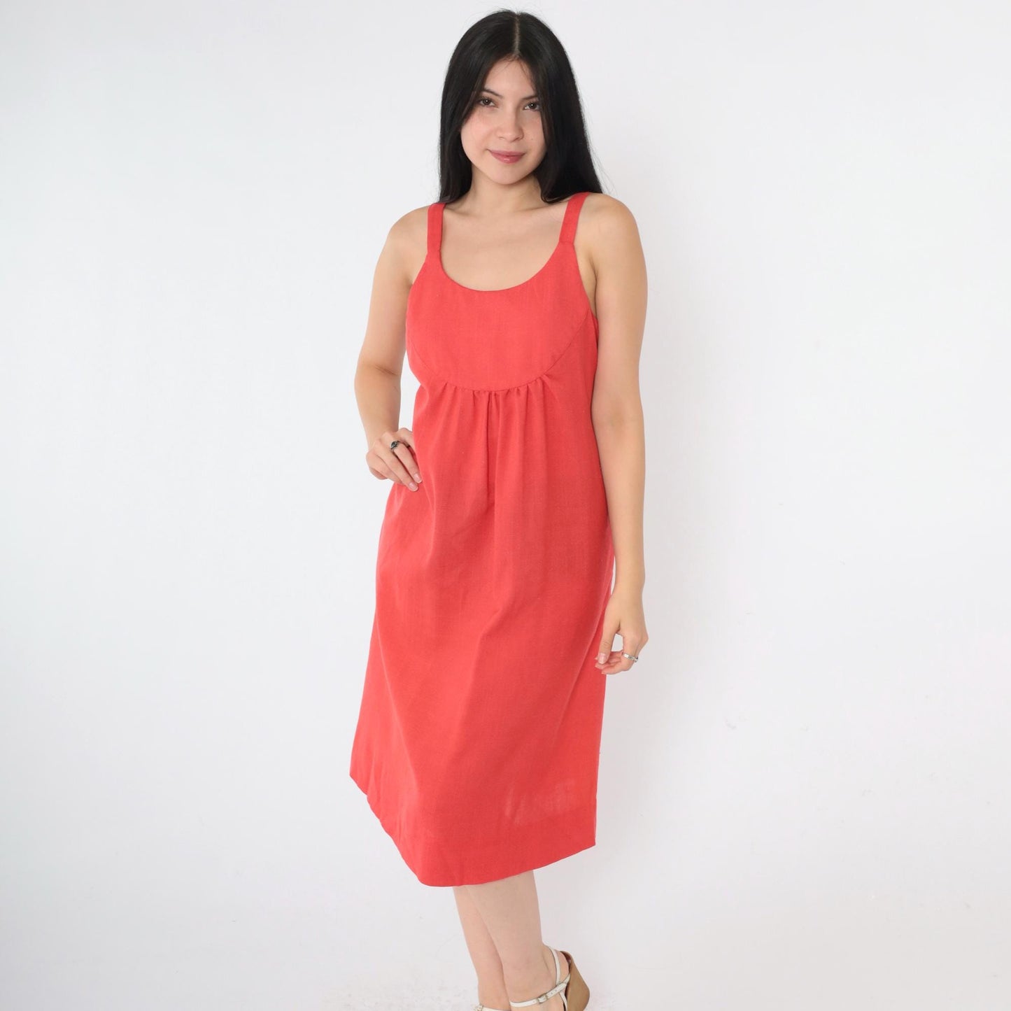70s Red Empire Waist Sundress Tank Strap Scoop Neck Pockets Small